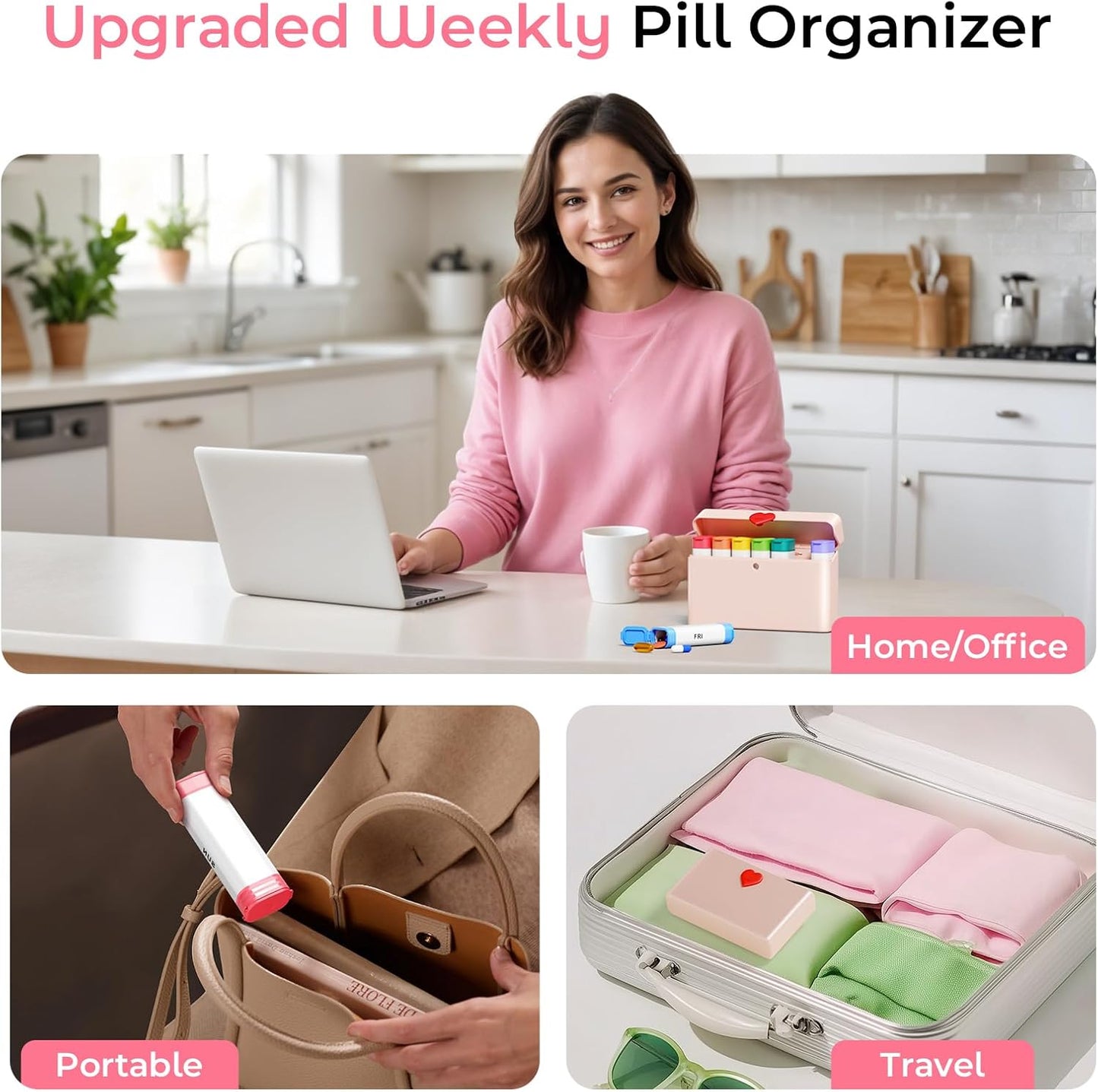 Pill Organizer 2 Times a Day - Large Capacity Weekly AM PM Pill Box with Heart Latch, 7 Day Travel Pill Case, Cute Medicine Organizer for Medication, Vitamins, Supplements