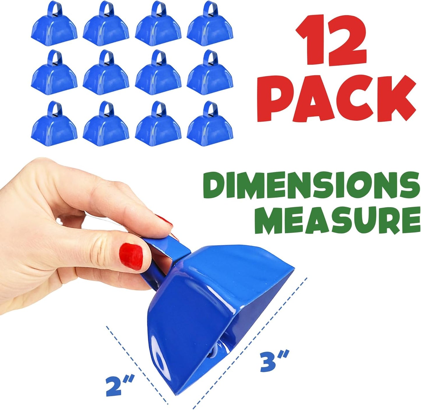 Metal Cowbells - Blue 3 Inch Cow Bells Noise Makers, Loud Call Bell with Handles for Sporting Events, Cheering, Team Spirit, Noisemakers, Weddings, (Pack of 12)