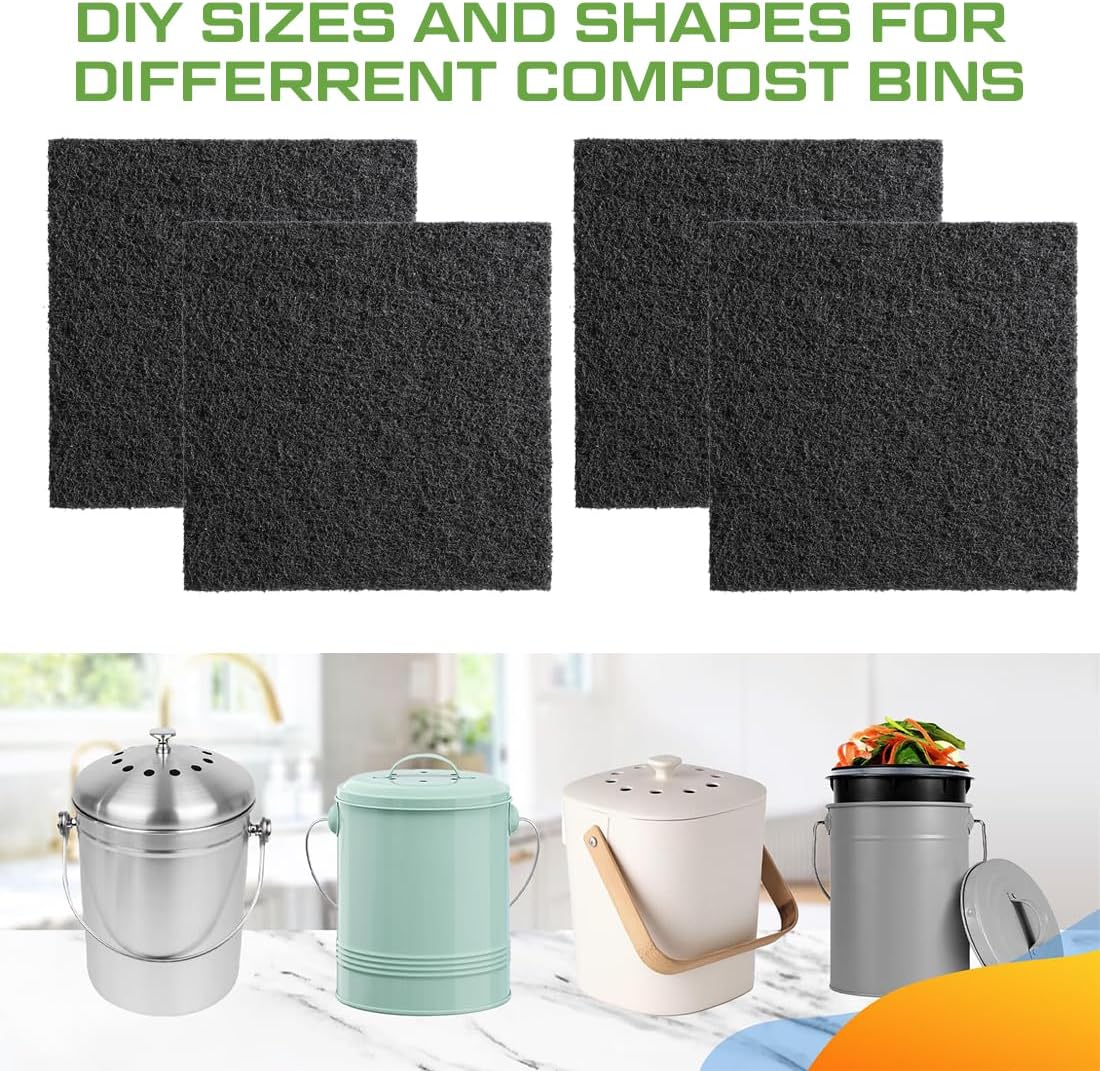 Charcoal Filters 4 Pack Square Compost Bin Filters Replacement Pads Activated Charcoal Filter Refill Sets for Countertop Bin Home Bucket Kitchen Waste Pail