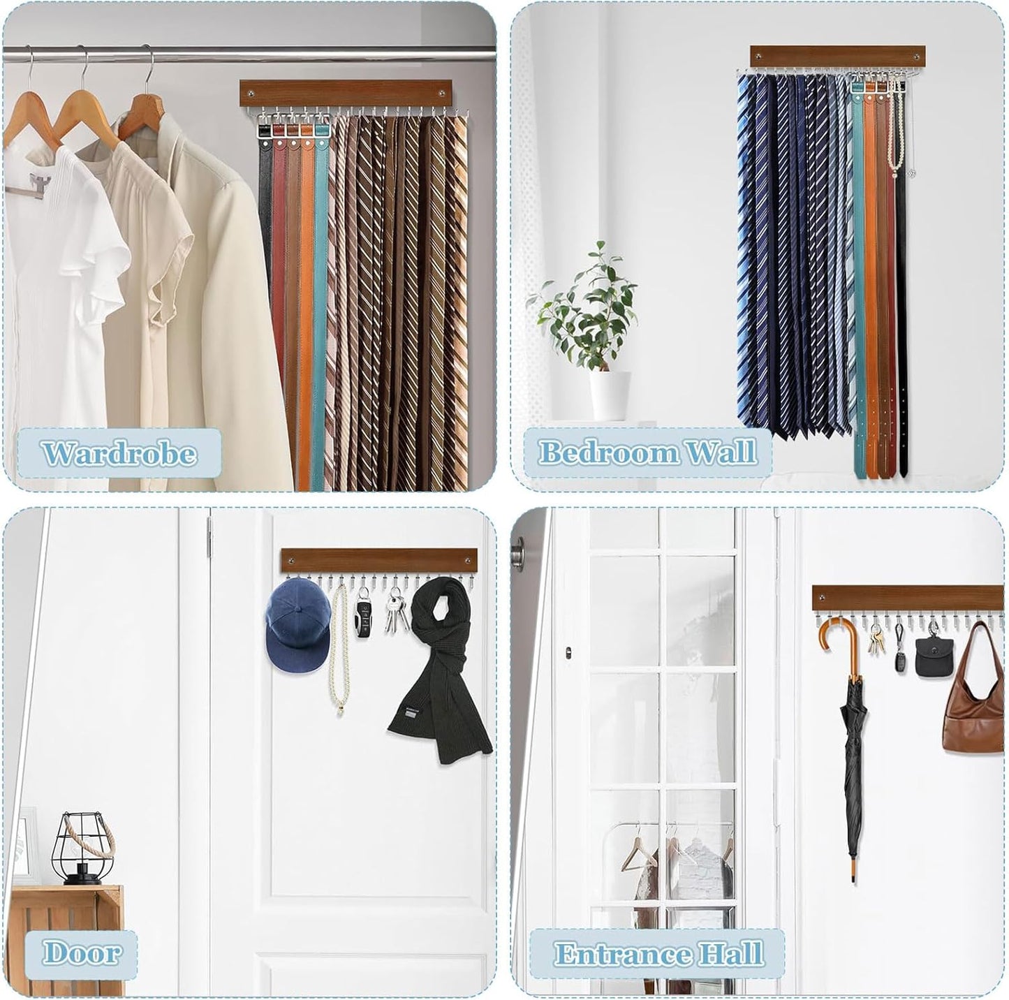 Belt Hanger Tie Rack Wall Mounted, Belt Organizer Bra Hanger for Closet Accessories with 12 Hooks, Sturdy Wood for Closet Organizers and Storage