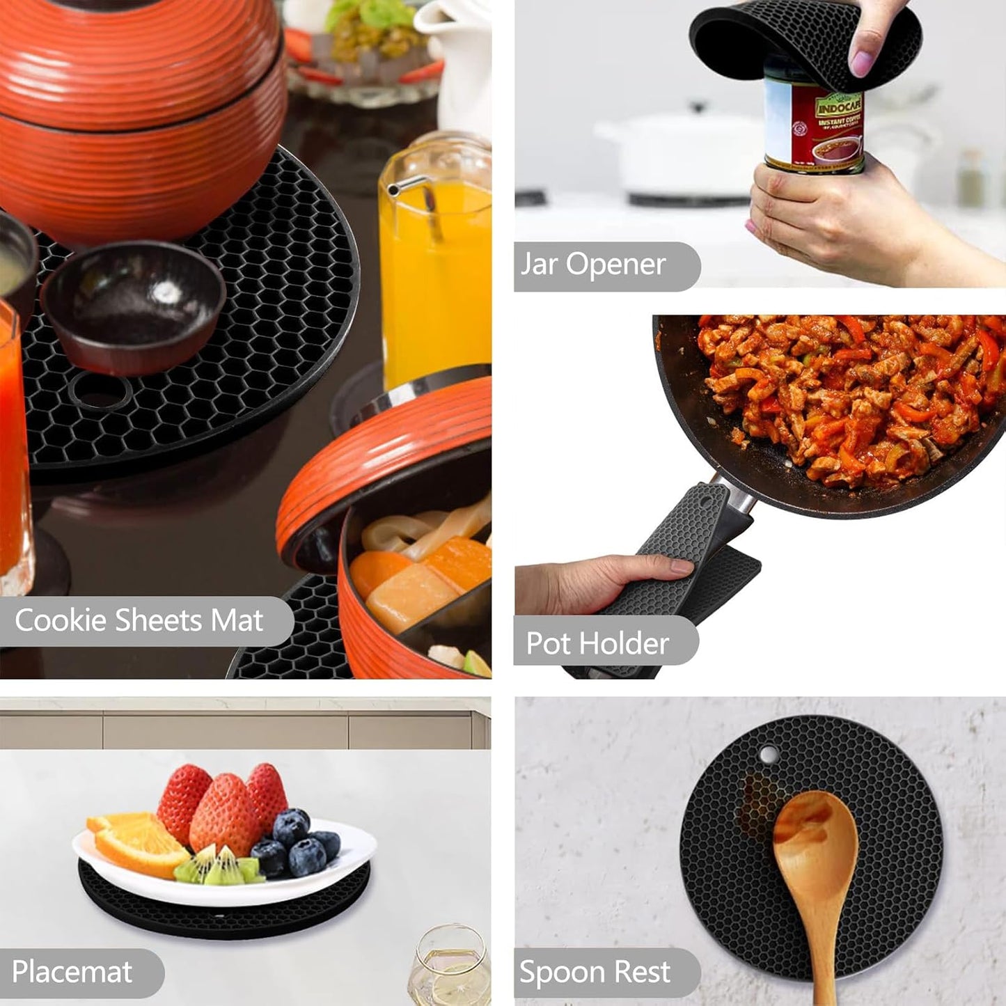 4 Pack Silicone Trivet Mats, Heat Resistant Pot Holders Non-Slip Hot Pads for Kitchen, Silicone Trivets for hot pots 2 Square and 2 Round Mats (Black)