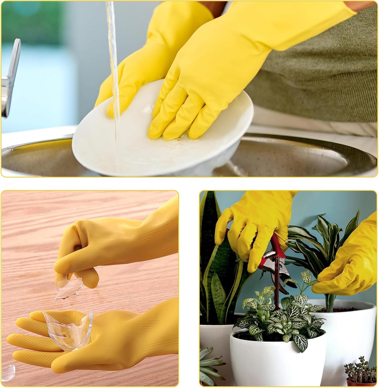 3 Pairs Rubber Cleaning Gloves for Household, Reusable Extra Thick Dishwashing Gloves Waterproof Non-Slip Gloves for Kitchen (Large, Beige+Yellow+Green)