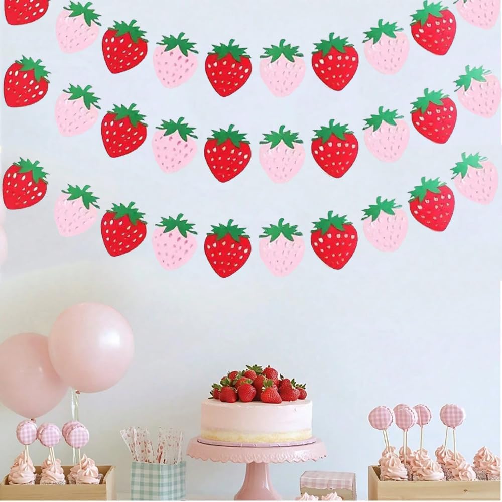 4Pcs Strawberry Party Banner,Berry First Birthday Decor, Pink & Red Hanging Garland for Shower, Strawberry Themed Party Favors & Supplies