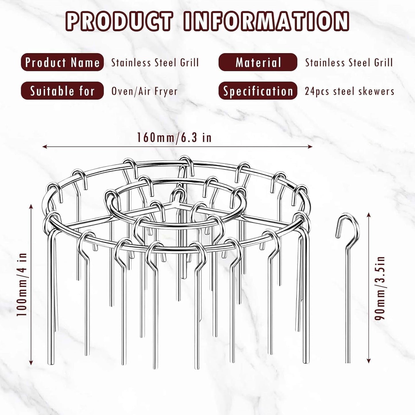 Air Fryer Barbecue Grill Vertical Barbecue Kebab, 24 Skewer Air Fryer Rack Round, 6 Inch Air Fryers Skewer Stand, With 24 Skewers, Multifunctional Grill for Cooking Kebabs (12 skewer)
