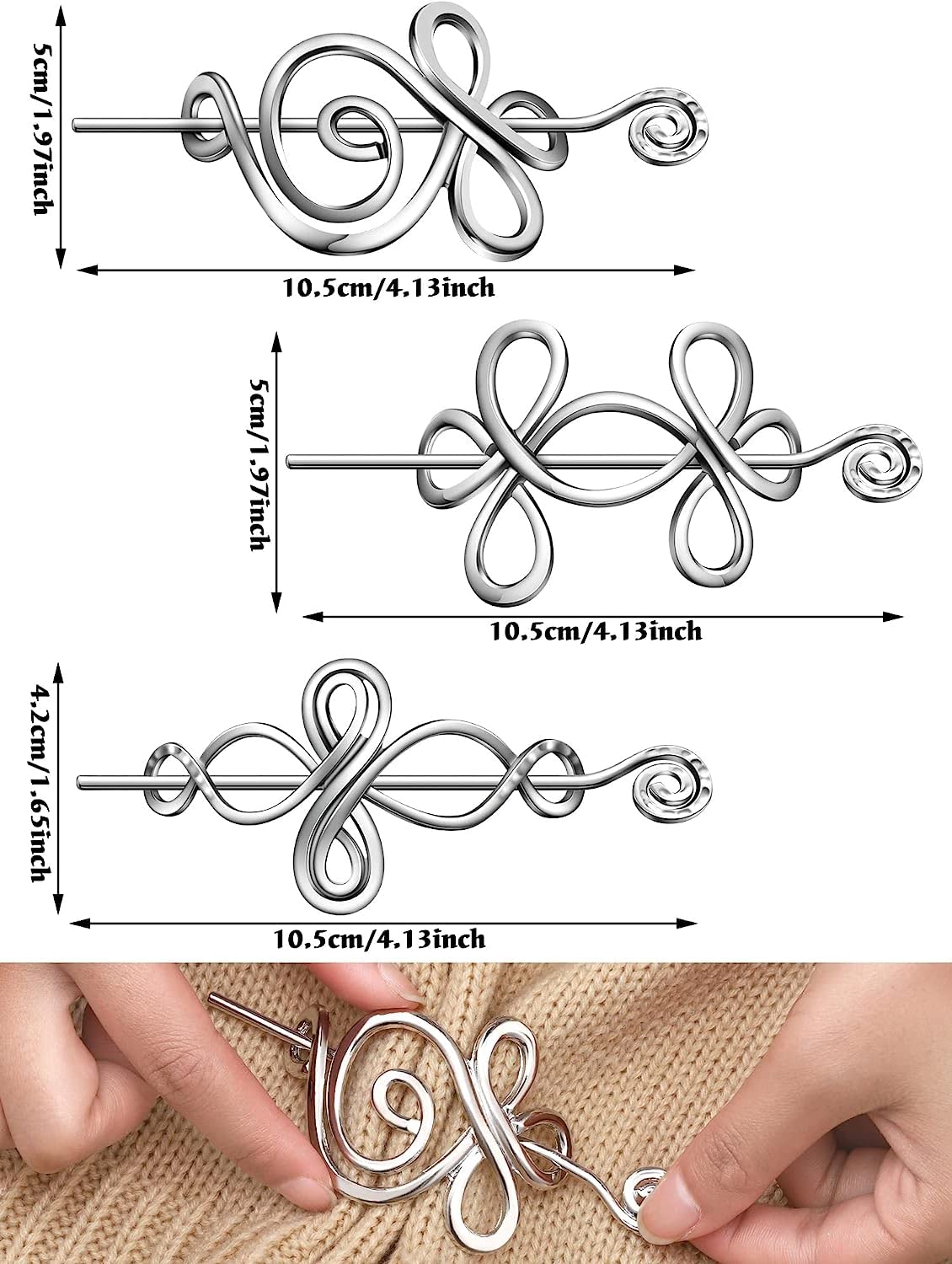 Celtic Shawl Pin 3 Pcs Crossed Knots Budding Spiral Crocheted Scarf Pin Cloak Pin Sweater Brooch for Women Girls Knitter Handmade Cape