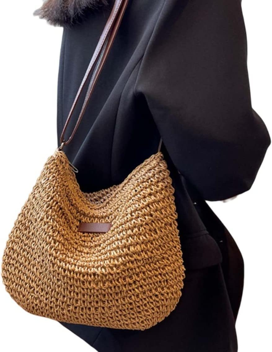 Straw Beach Bag, Summer Straw Bag Female Fashion Braided Single Shoulder Crossbody Bag All-Match Beach Bag