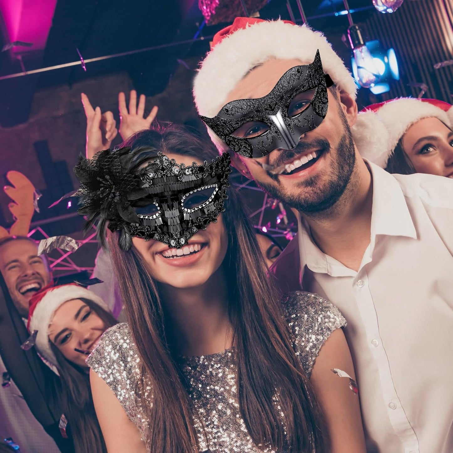 Couple Masquerade Masks Sequins Venetian Party Mask Plastic Costume Mask Rhinestone Mardi Gras Mask for Couples, Black