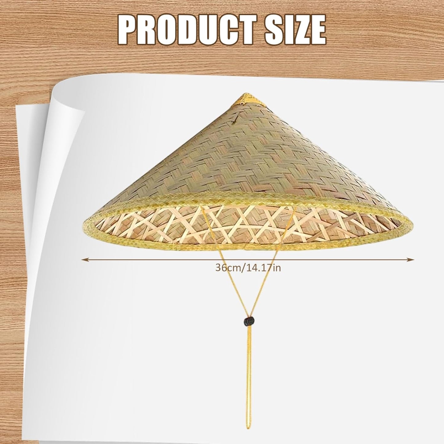 Retro Chinese Bamboo Rattan Fisherman Hat, Handmade Weave Bucket Hat, Rice with Adjustable Rope, 14 Inch Fishing Sunshade Cap for Farmer Fishing, Light Yellow