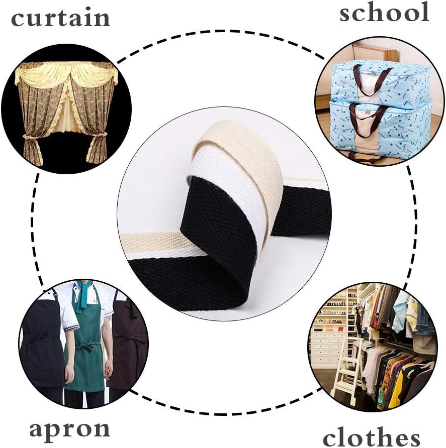 Natural Cotton Twill Tape 50 Yards 1 Inch Bunting Bias Tape Herringbone Webbing Tape Roll for Apron Sewing Dressmaking Craft (White)