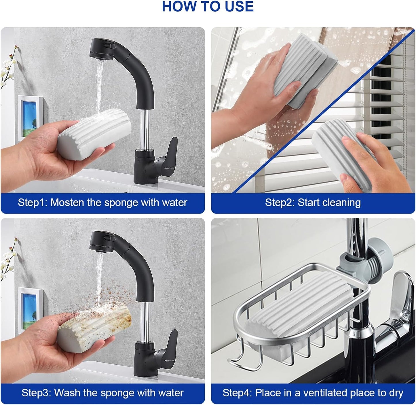 4-Pack Clean Sponge Brush, Cleaning Products, Damp Magic Duster for Car Window Cleaning, Blinds, Glass, Baseboards, Vents, Railings, Mirrors, Window Track Grooves(Mult)