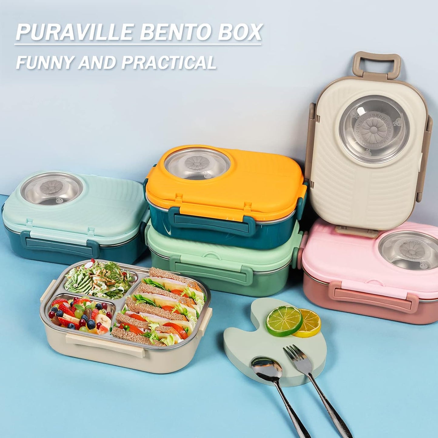 Stainless Steel Bento Lunch Box for Kids and Adults (Yellow and Green)