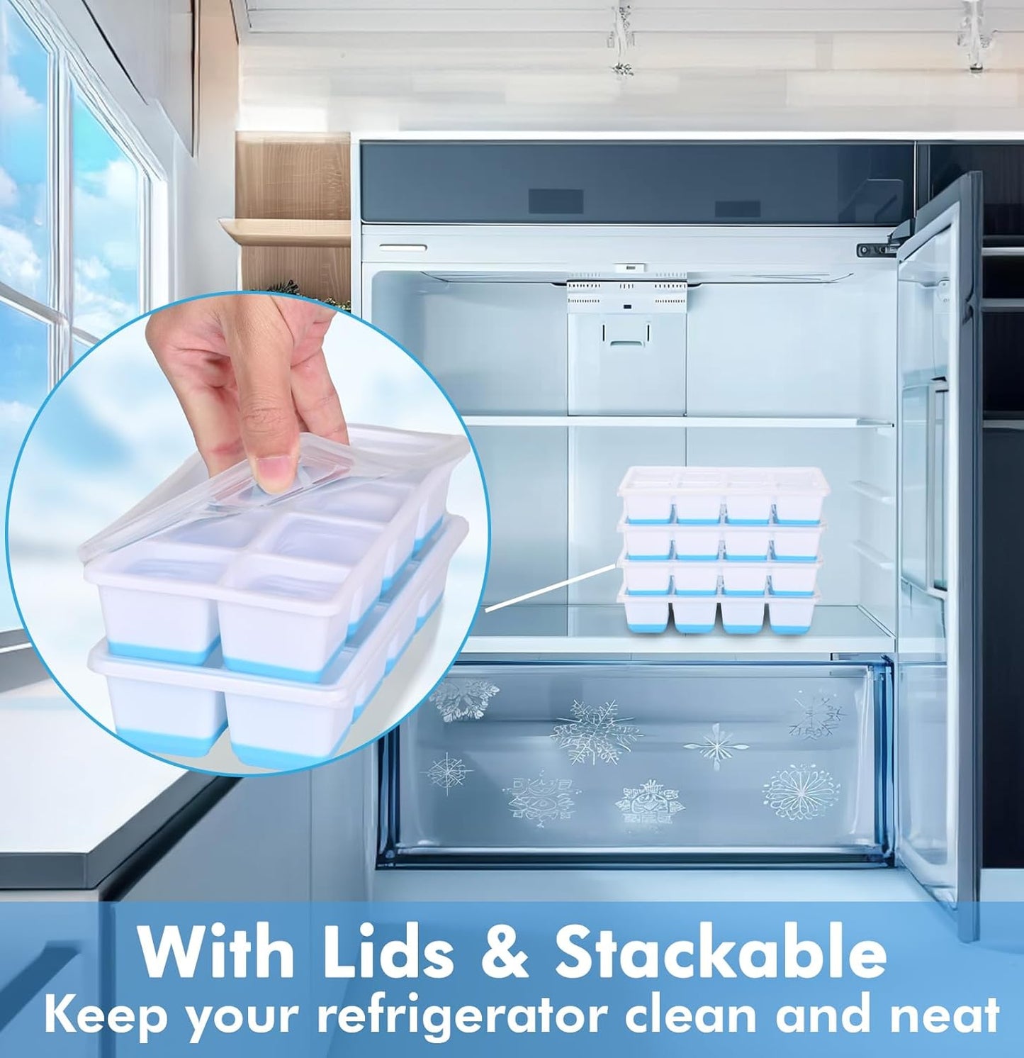Large Ice Cube Mold with Lid, 2 Pack Silicone Big Square Ice Cube Trays with Lids BPA Free, Easy-Release & Stackable Big Ice Cube Tray for Freezer Cocktail Whiskey Coffee
