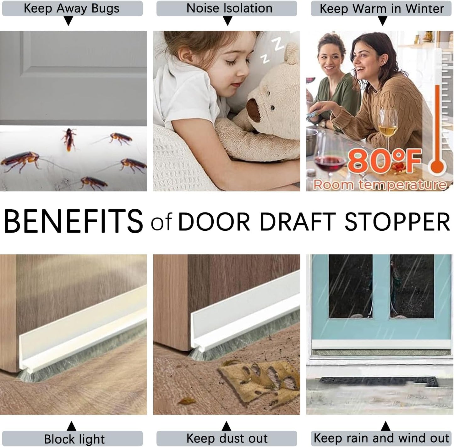 2 Pack Under Door Draft Stoppers with Brush Reduce Noise, Door Soundproofing Strip, Dust-Proof/Weather Stripping with Self Adhesive, Under Door Deal - White