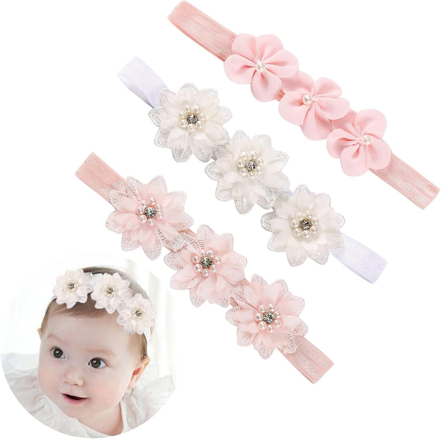 3Pcs Baby Girl Headbands Flowers, Lace Flower Pearls Baby Headband, Baby Girl Headbands, Super Soft & Stretchy Nylon Floral Hairbands, Flower Hair Accessories Baby Girl Gift, for Newborn Toddler