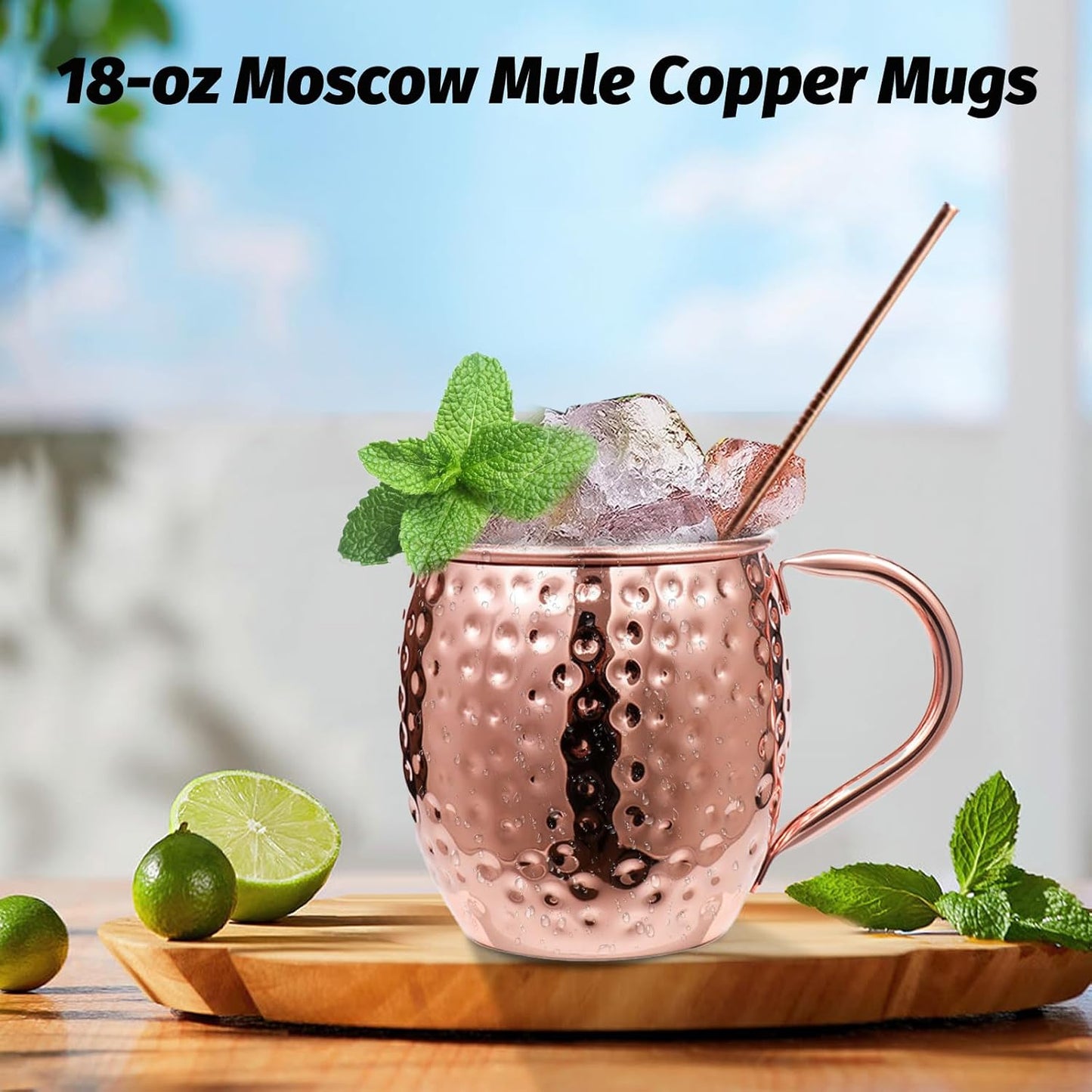Moscow Mule Copper Mugs of 4 18-oz Pure Copper Plating Stainless Steel Drinking Cup with 4 Cocktail Copper Straws Great Dining Entertaining Bar Gift