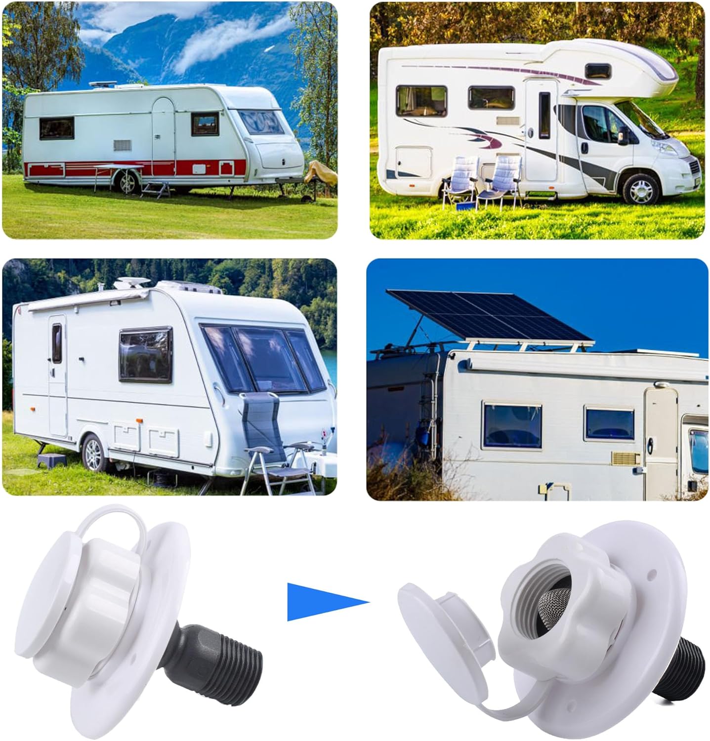 RV City Water Inlet with Check Valve, 1/2 inch BSP and G1/2 Thread RV Water Hose Connector with Dust Plug for RV Camper Trailer Marine RV City Water Connector