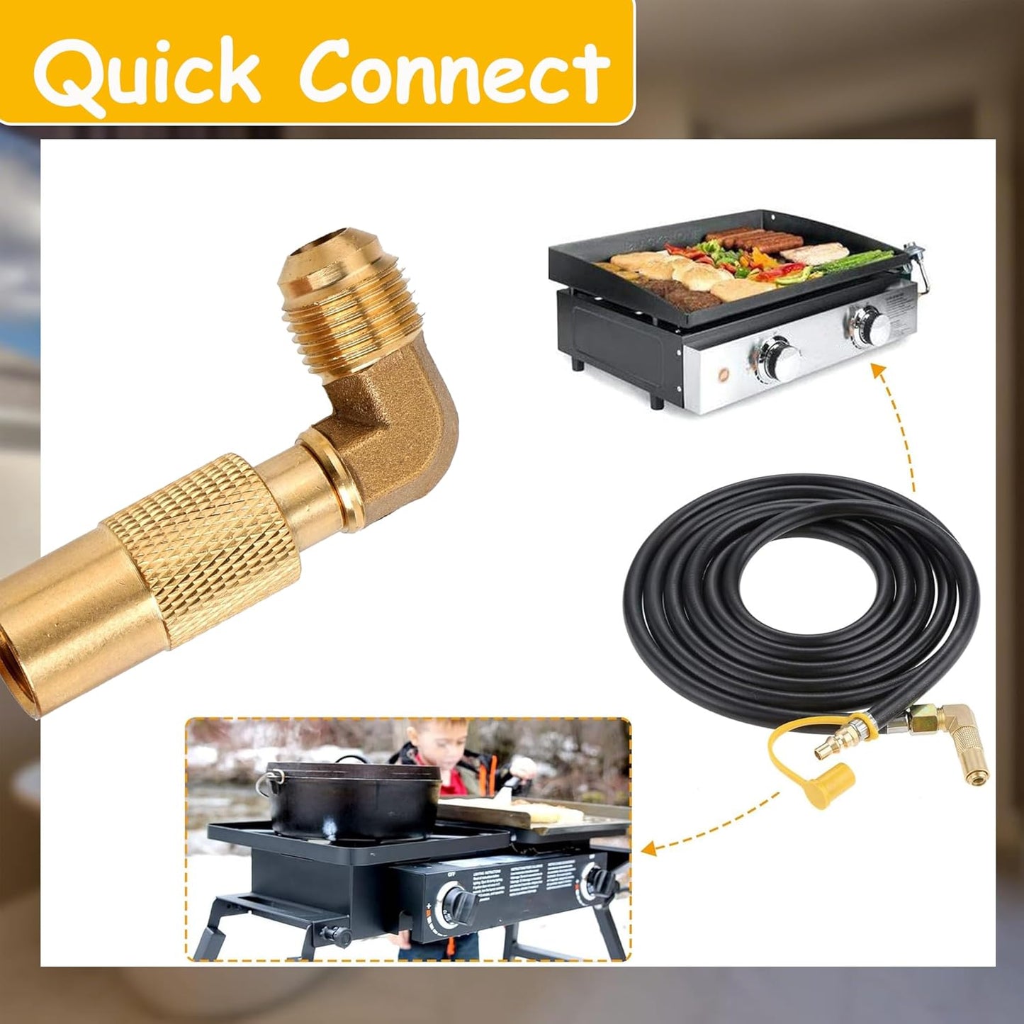 1pcs Brass 3/8" Male Flare Propane Elbow Adapter for 17/22in Griddles - Low Pressure RV Conversion Fitting Compatible with Tabletop Camping Grills, Outdoor Cooking Gas Line Connector