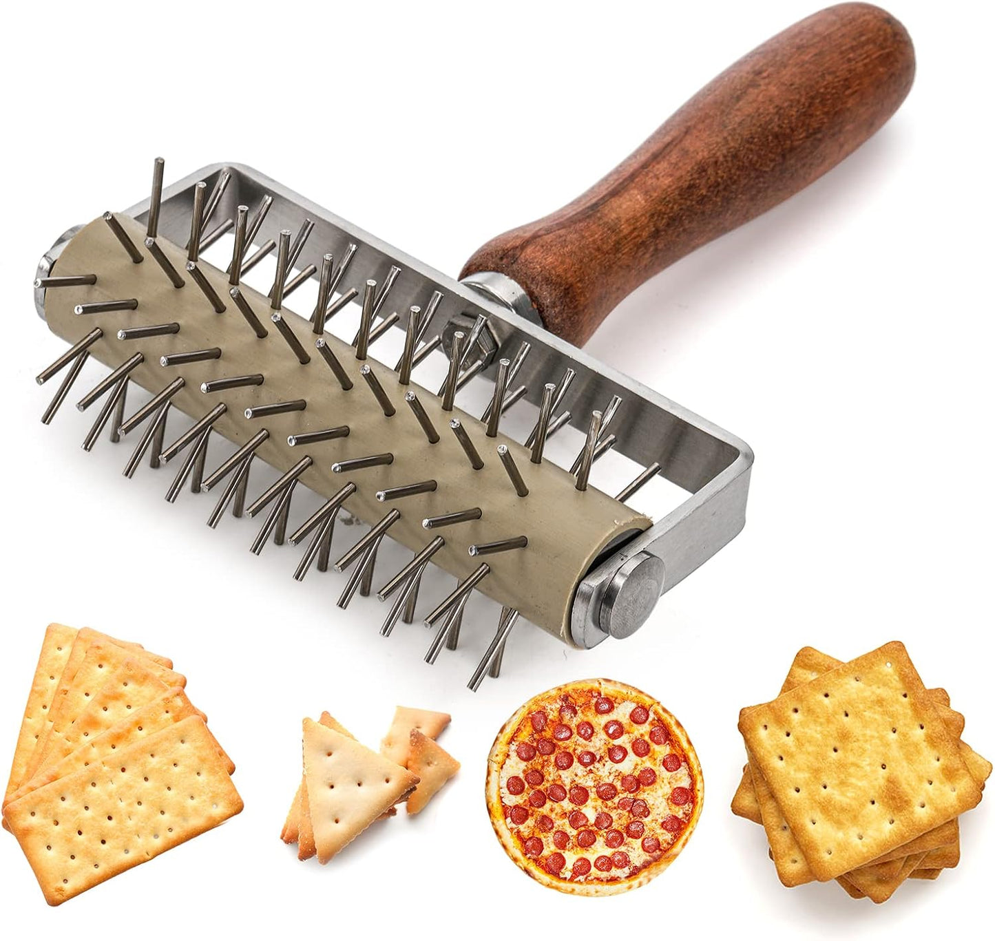 Set of 2 Pizza Dough Roller & Docker, Stainless Steel Hole Maker Puncher, Wooden Rolling Pin for Pizza, Cookie, Pie, Pastry, Bread, Crust