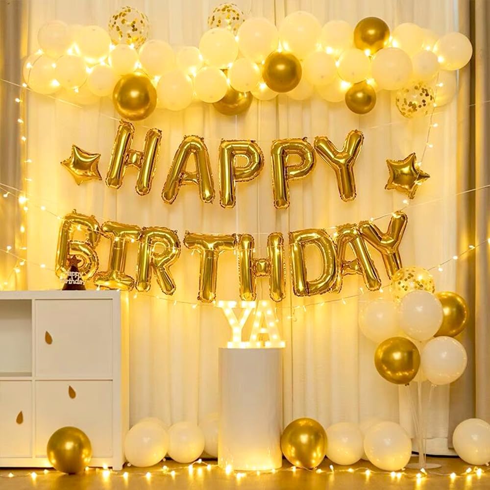 23pcs Birthday Balloons Banner, 3D Gold Premium Mylar Foil Ecofriendly Letter Happy Birthday Banner with 5pcs Star Balloons Kits for Kids Girls Boys Men Adults Birthday Party Decorations US7GD