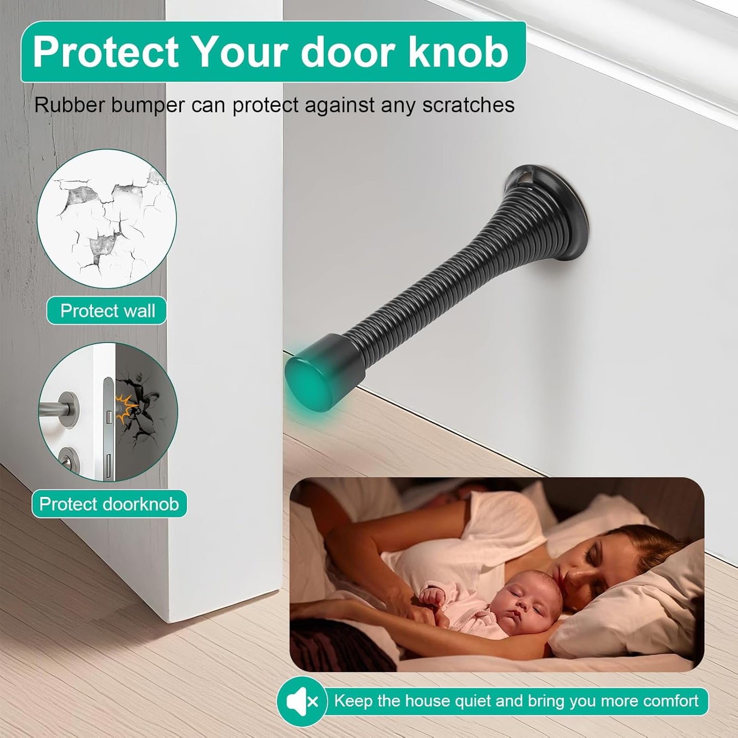 Black Spring Door Stopper, 6 Pack Heavy Duty Wall Mount Door Stoppes, Flexible Spring Door Stops Wall Protector with Rubber Bumper Tips