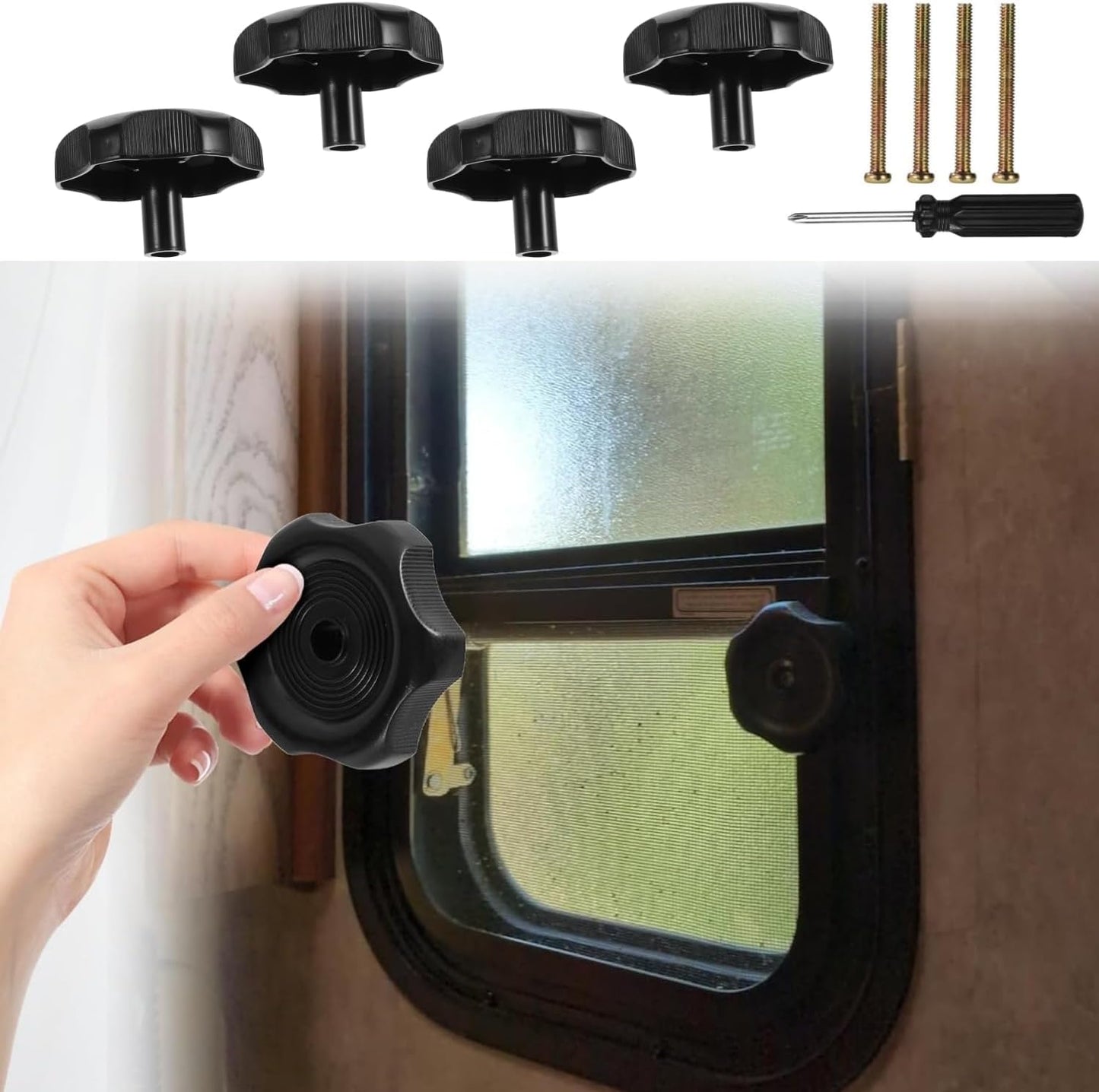 4 Pack RV Window Crank Replacement & Vent Knob, Camper Trailer Window Hardware Accessories (1" Shaft, 2-1/4" Diameter) with Screws & Screwdriver, Interior RV Parts. (4)
