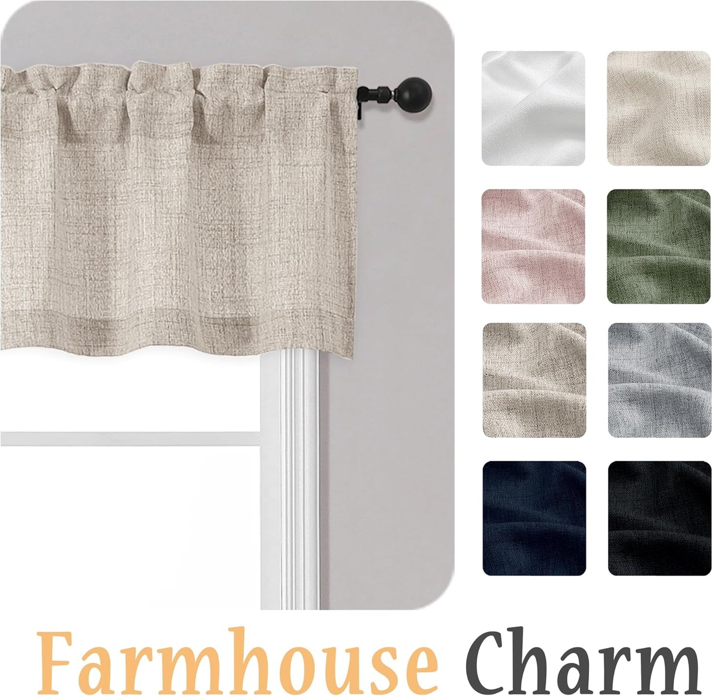 Linen Valances for Windows 1 Pcs, Light Filtering Textured Farmhouse Short Small Valance Curtains Bathroom Basement Living Room Bedroom, Rod Pocket Half Over Sink, 60Wx14L Inch 60"W x 14"L (Pack of 1)
