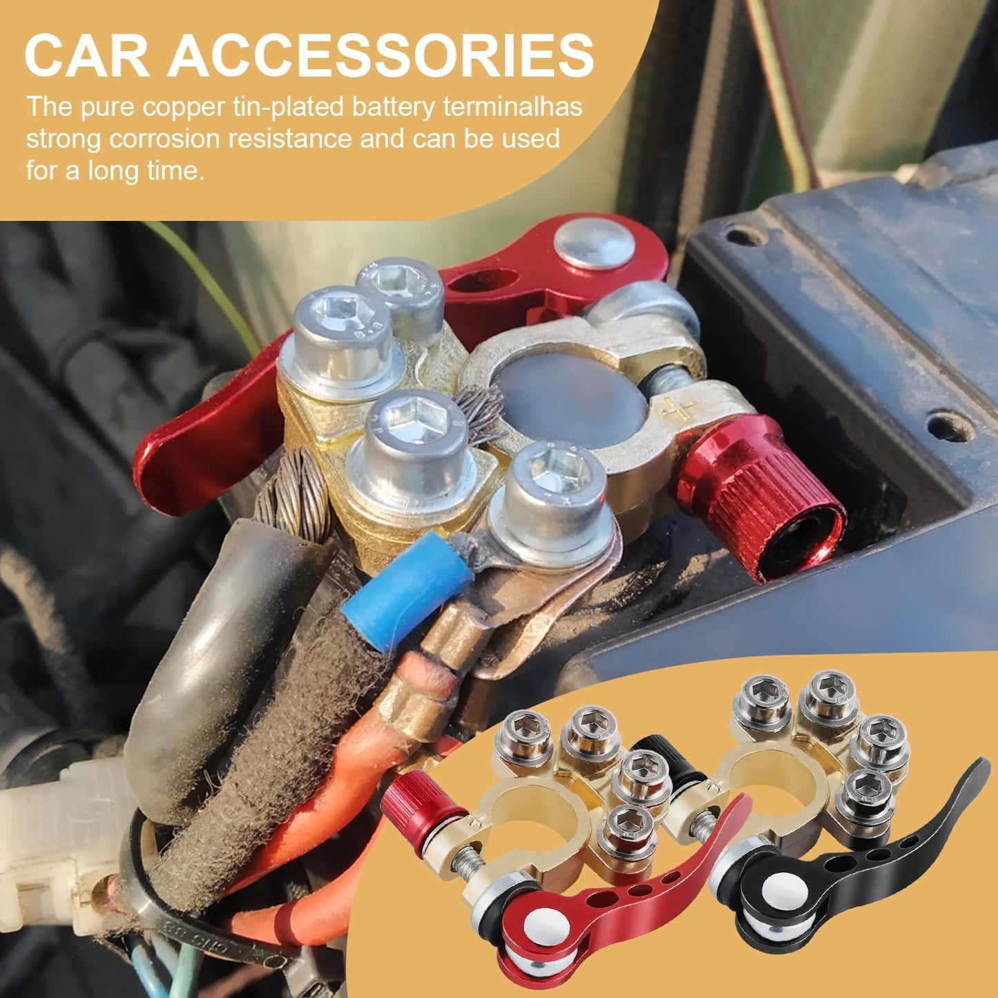 Car Battery Terminal Connector, 4 Way Positive and Negative Pole Quick Release Clip, Applicable to SAE/JIS A Type Post, Compatible with Cars, Trucks More(Gold-A) Way-Gold-A -