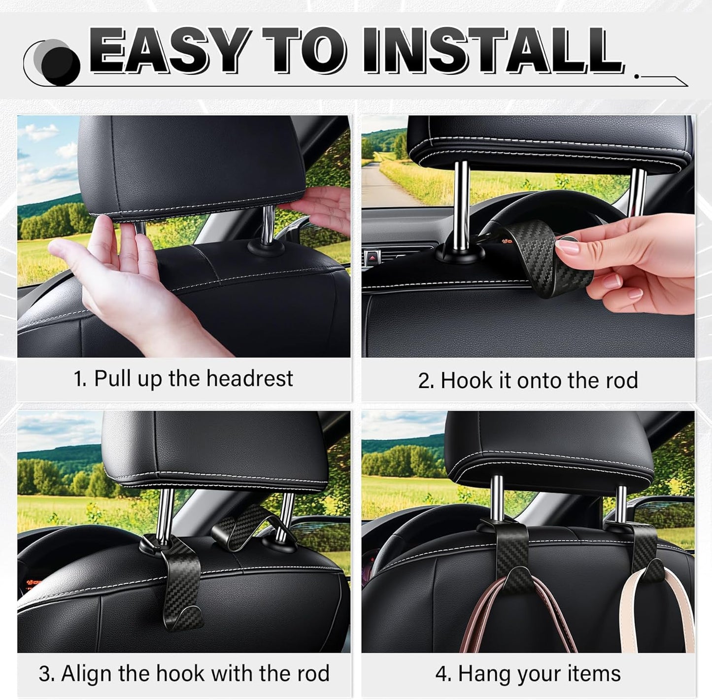 Universal 2 Pack Car Seat Headrest Purse Hook, Carbon Fiber Back Hook Storage Organizer Hanger for Handbag Coat, Interior Accessories(Black) Black 2PC