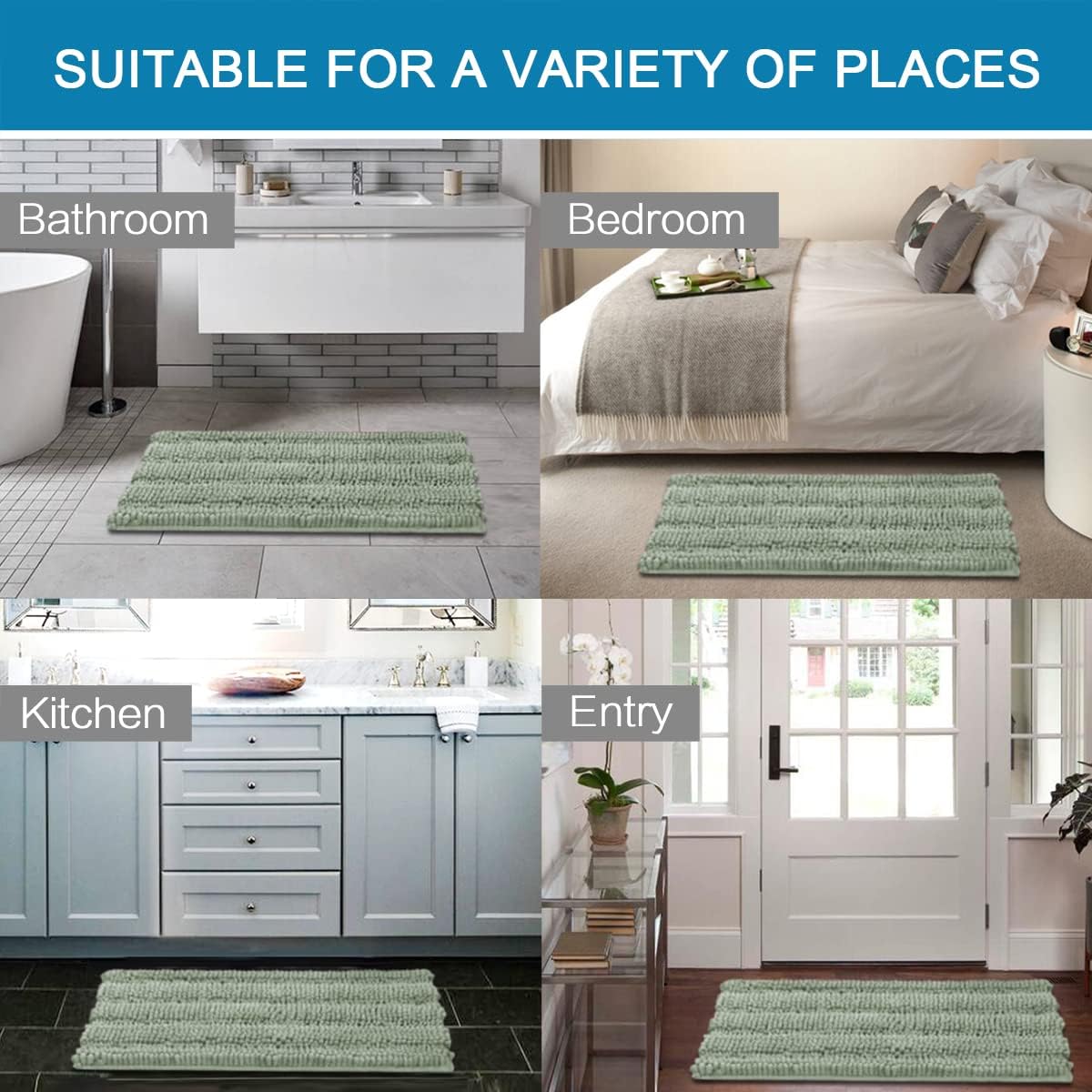Sage Bathroom Rugs, Bath Mat Set of 2 Extra Thick Chenille Striped Pattern Shaggy Rugs for Room, Non Skid Mats Floor (32 x 20 Plus 24 17 - Inches) 20" 32" 17" 24"