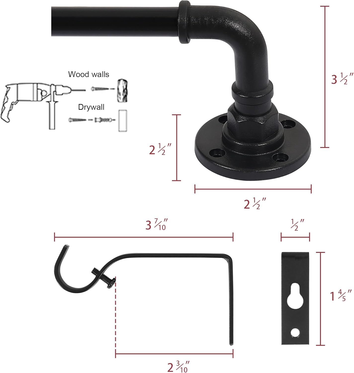 Wrap Around Curtain Rods for Windows 16.2 to 106.2 Inch, 3/4 Inch Diameter Industrial Telescoping Rod, Splicing Adjustable Indoor/Outdoor, Black 16.2"-106.2"