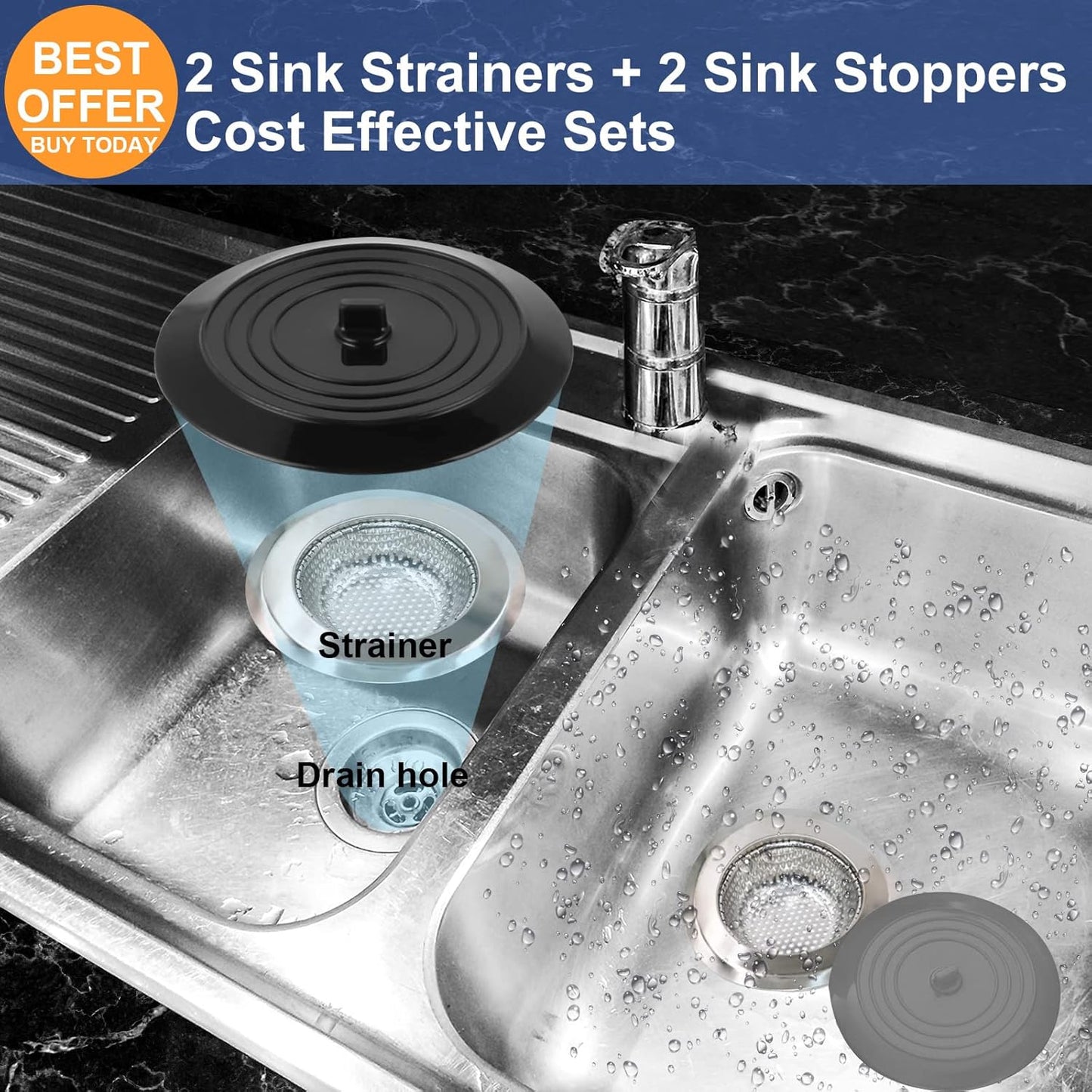 Sink Strainer Stopper 4 Pack, Universal Silicone Kitchen Drain Cover Plug Kit, 4.5 Inch Stainless Steel Filter Strainer, Food Catcher for -