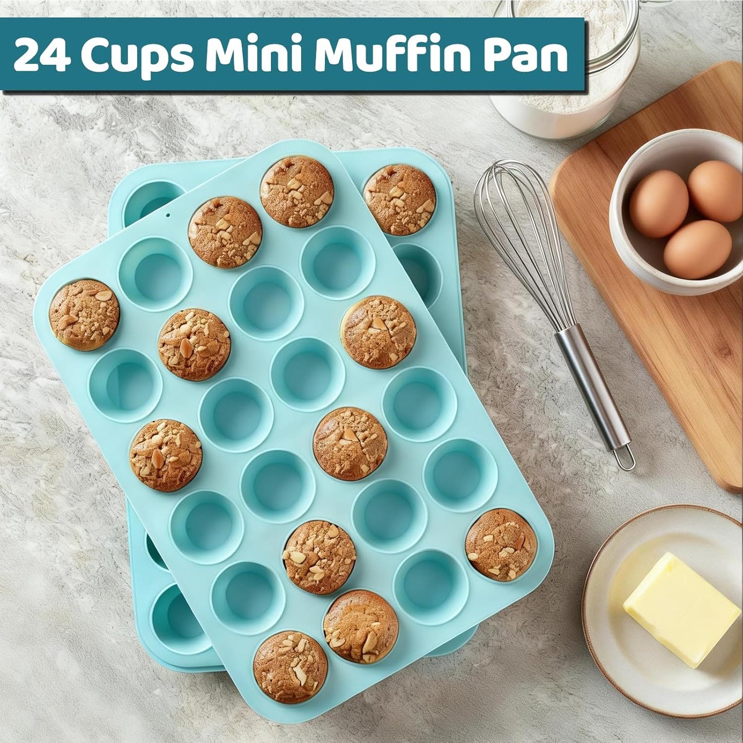 Silicone Mini Muffin Pan, 24 Cups Nonstick Cupcake Pan for Baking Muffin, Cupcake, Egg Bites, Fat Bomb, Light Blue -
