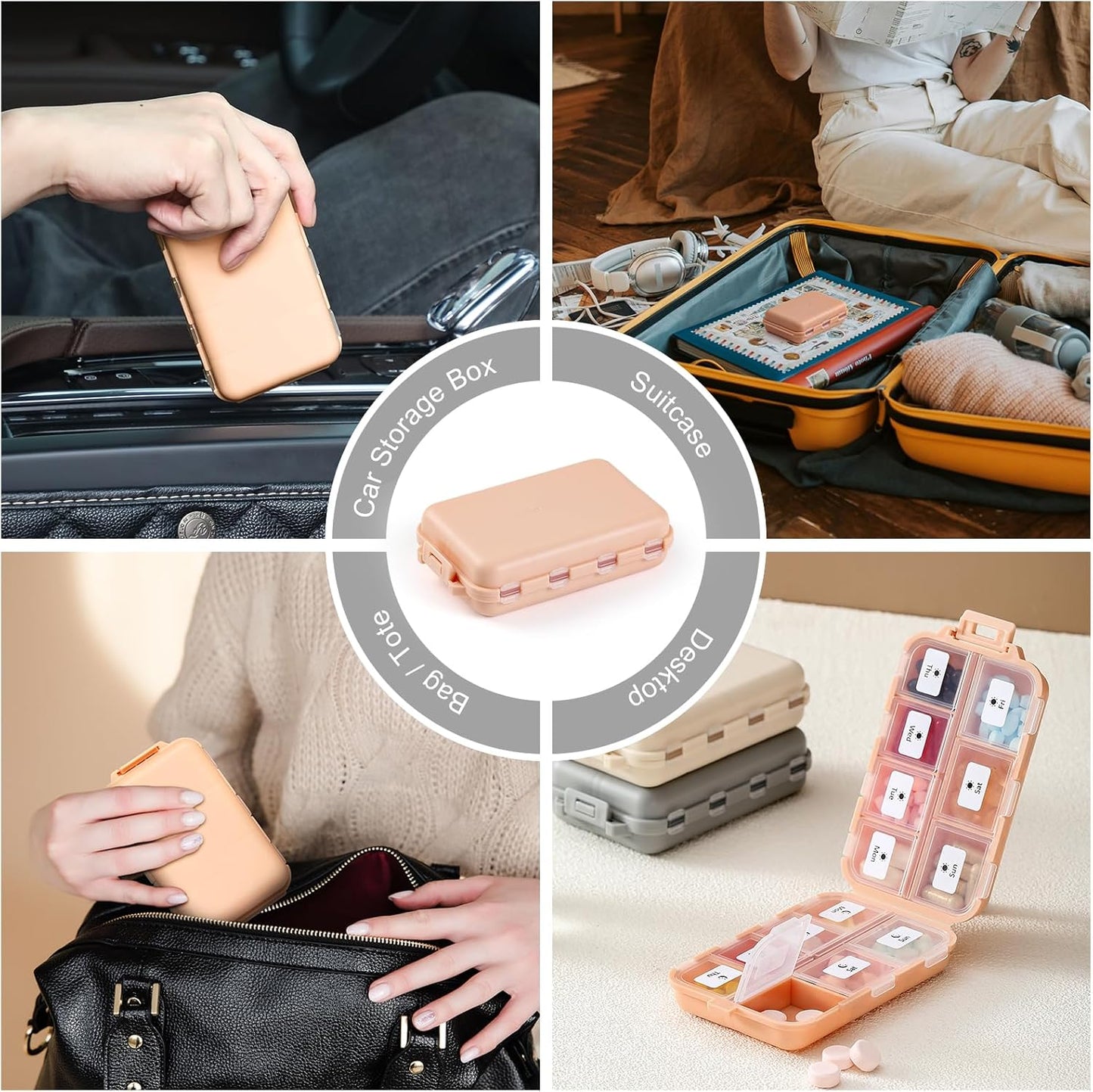 14 Grids Pill Organizer Box with Labels, Travel Medication Holder Dispenser Case Kit, Pocket Daily Pharmacy Container for Fish Oil Vitamin Supplement Storage, Khaki Pink Grey, 3 Pack Khaki+pink+grey