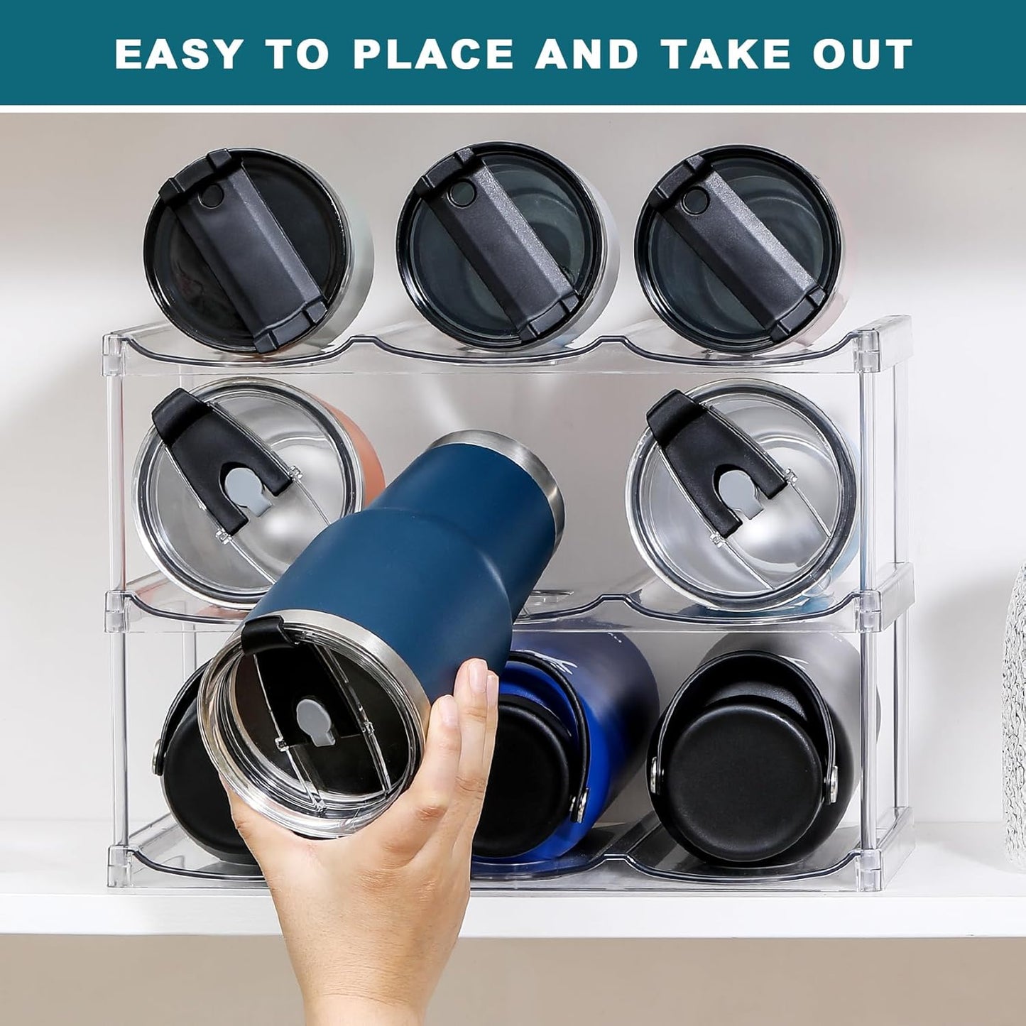 LARGER Compartment - Stackable Water Bottle Organizer Holder for Stanley & Others' Large Tumbler Clear Wine Rack, Cup Cabinet Home Countertop Fridge Pantry Shelf, 3 Tier Hold 9