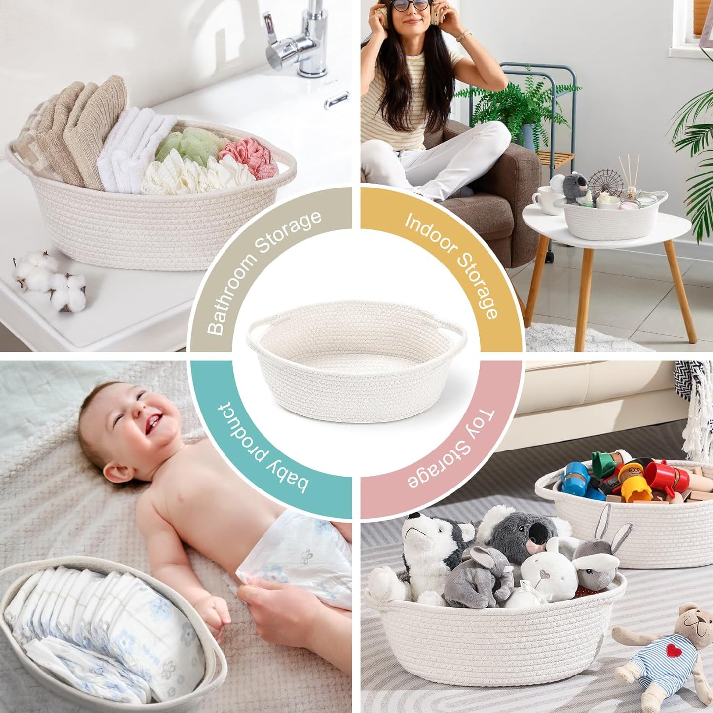 8 Pack Small Woven Basket with Gift Bags and Ribbons, All 12"x 8"x 5", Empty Decorative Chest Box, Cute Baby for Nursery, Cotton Rope Room Shelf Storage Handles, White -