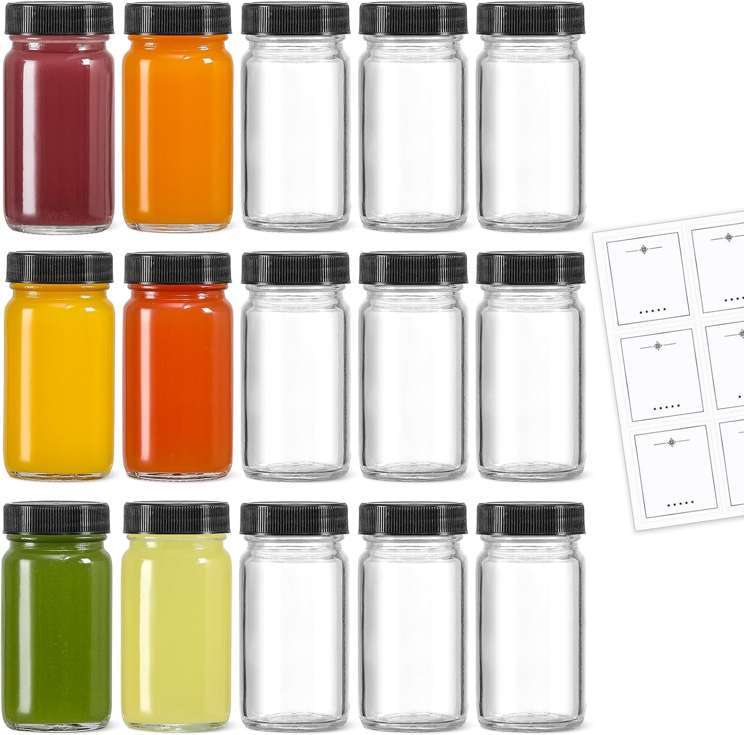 35 Pack 2 oz Glass Shot Bottles w/ Black Lids & Labels - Small Clear Jar for Ginger, Wellness Shot, Juice, Sample, Whiskey Travel Essentials Mini Wide Mouth, Leakproof, Dishwasher Safe