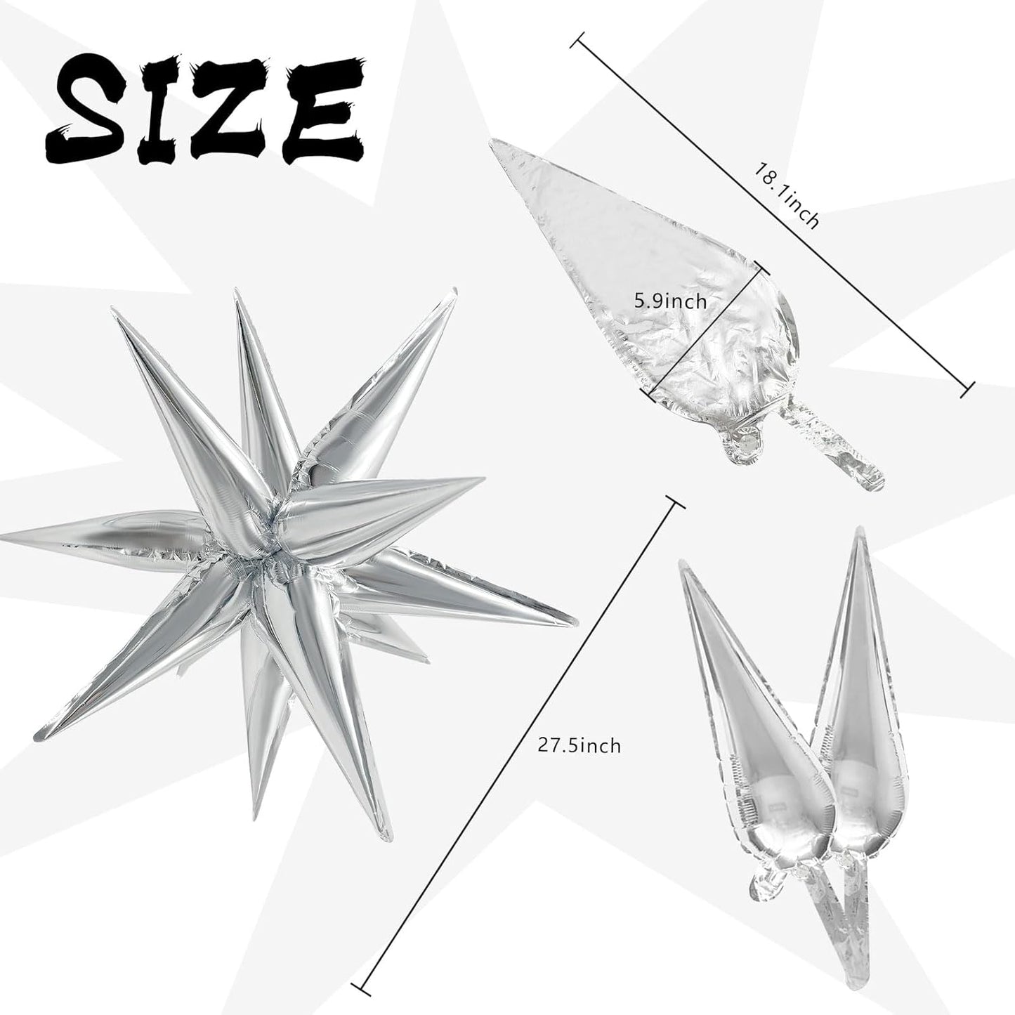60Pcs Silver Star Balloons Birthday Decorations Explosion Mylar 12 Spike Balloon Large Foil Prom for Wedding Anniversary Christmas New Year Eve Party Backdrops Supplies -
