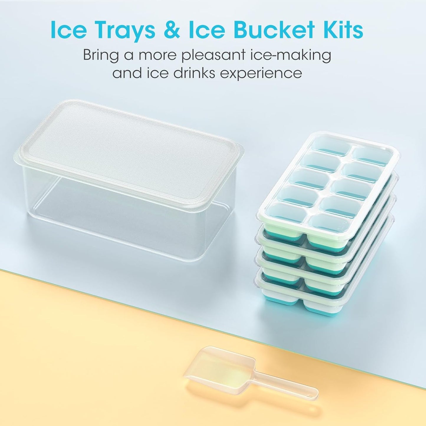 Ice Cube Tray with Lid and Bin - 4 Pack Silicone Trays for Freezer, Stackable Bucket Kits Storage Container & Scoop Kitchen, RV, Cocktail, Coffee Blue 8.2*4.5*3.6IN