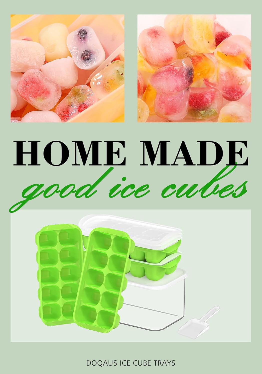 Ice Cube Tray with Lid and Bin - 4 Pack Bucket Kits, Stackable Silicone Trays for Freezer, Easy Pop Out, BPA Free Cocktail, Coffee, Soup, Food, RV, Kitchen Green