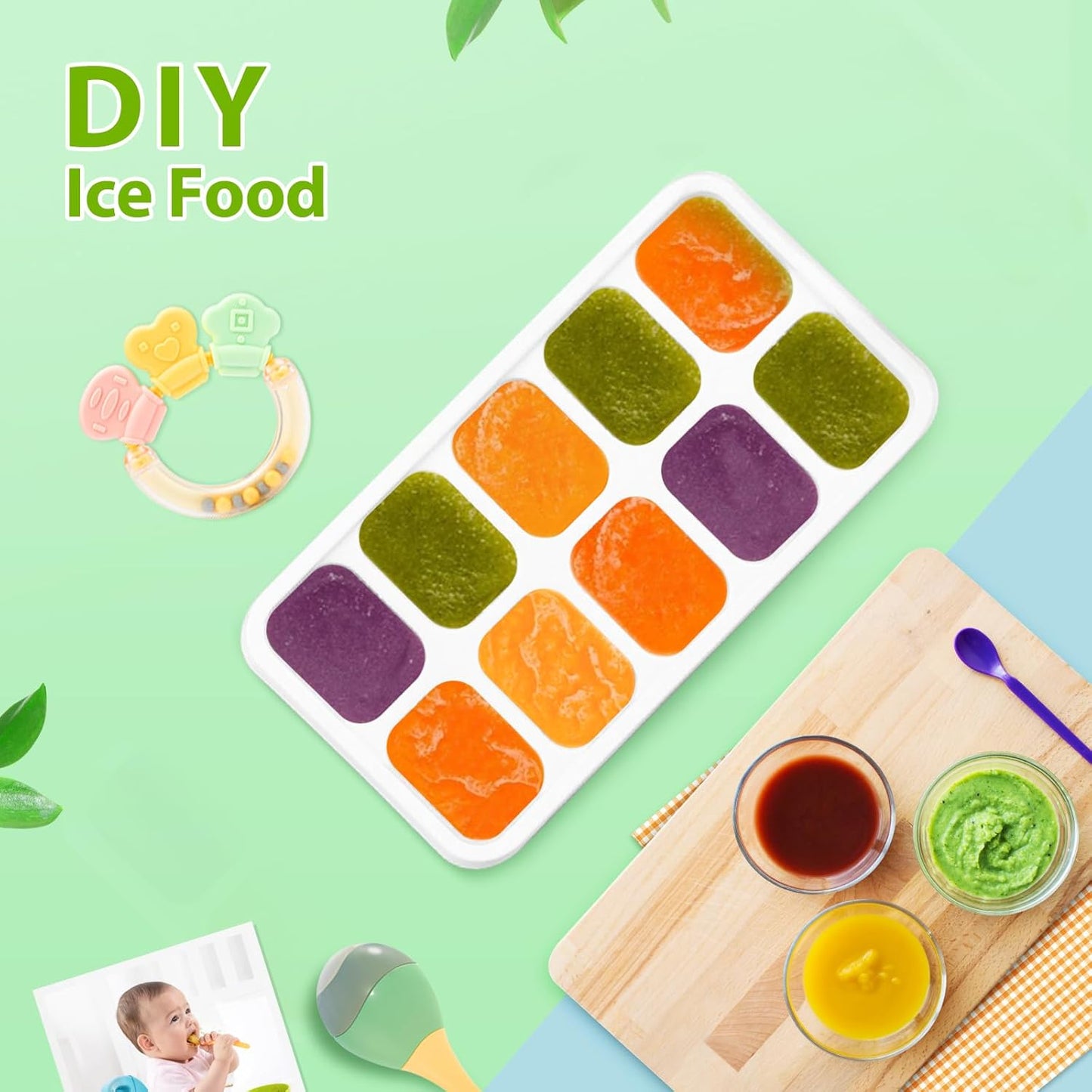 Ice Cube Tray with Lids - 4 Pack Stackable Silicone Trays for Freezer, BPA & LFGB Safe, Easy Release Kitchen, RV, Cocktail, Coffee, Soup Food Green 7.2"*4.1"*1.3"