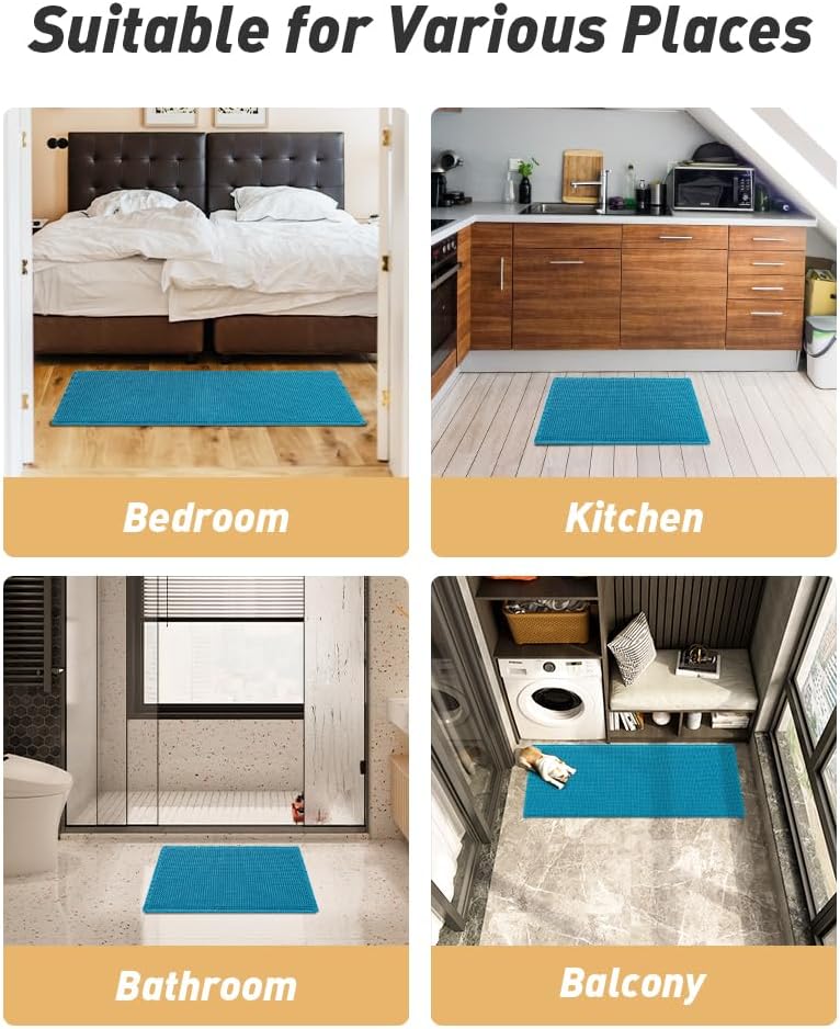Upgraded Waffle Bath Mat, Super Absorbent Non Slip Mats for Bathroom Floor, Machine Washable Rugs with Tassels, Rubber Backed Mats, Ultra Soft, 17" x 24", Teal -