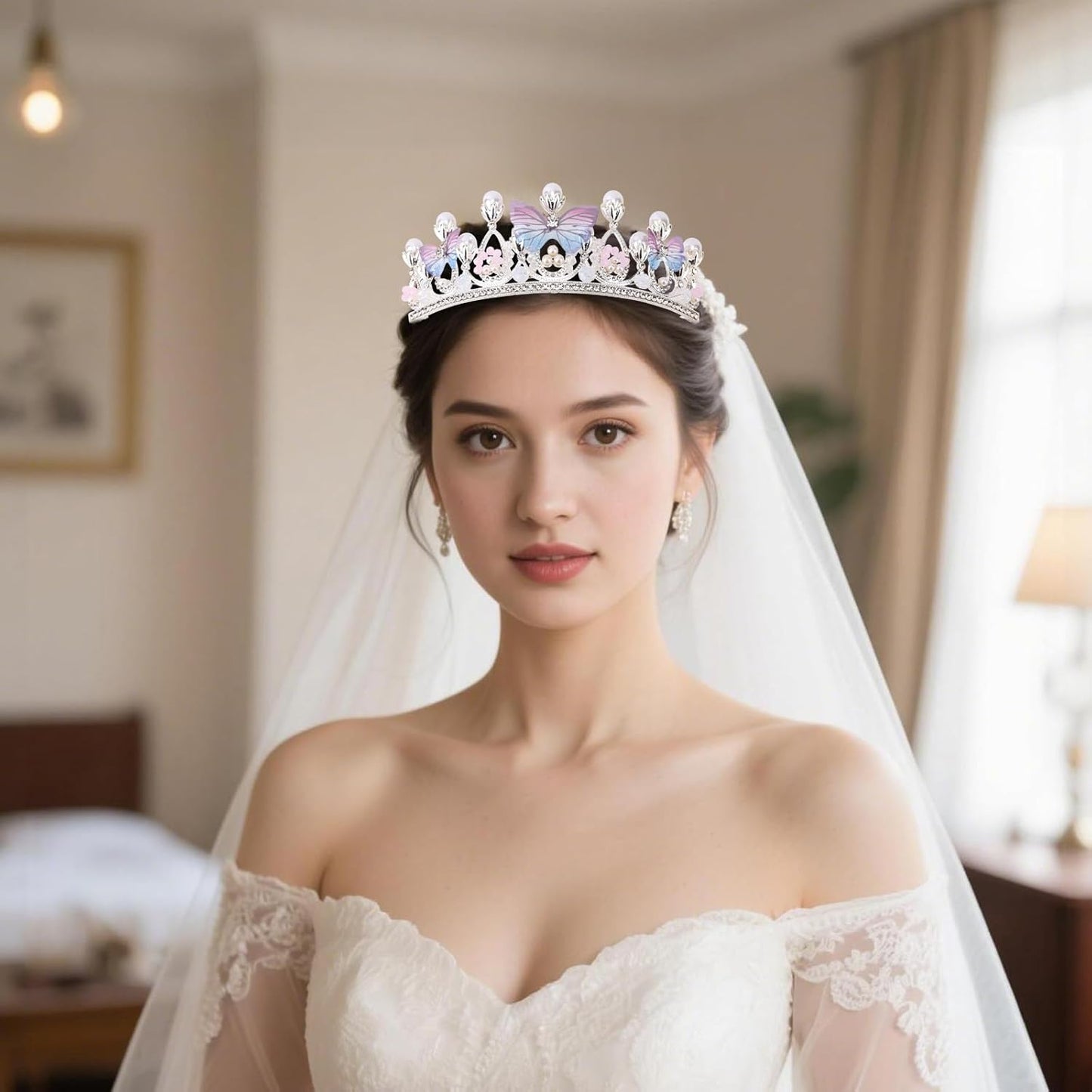 Crown Exquisite Princess with Pearls Butterfly Headband for Halloween Christmas Birthday Cosplay Costumes colorful -