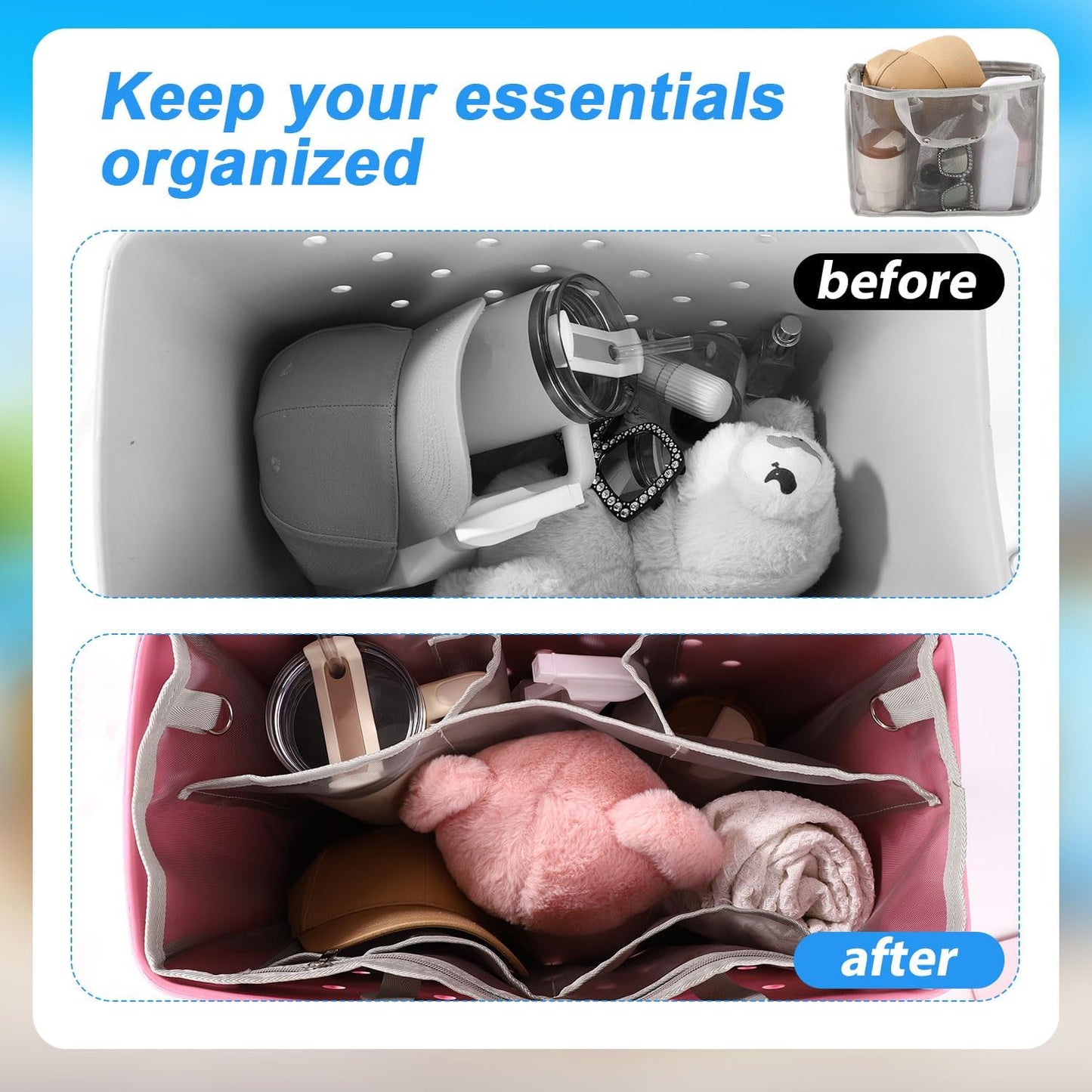 Beach Bag Storage Organizer Compatible with Baby Bogg Accessory Liners, Lightweight Mesh Pouch Divider Insert Zipper for Organizing -