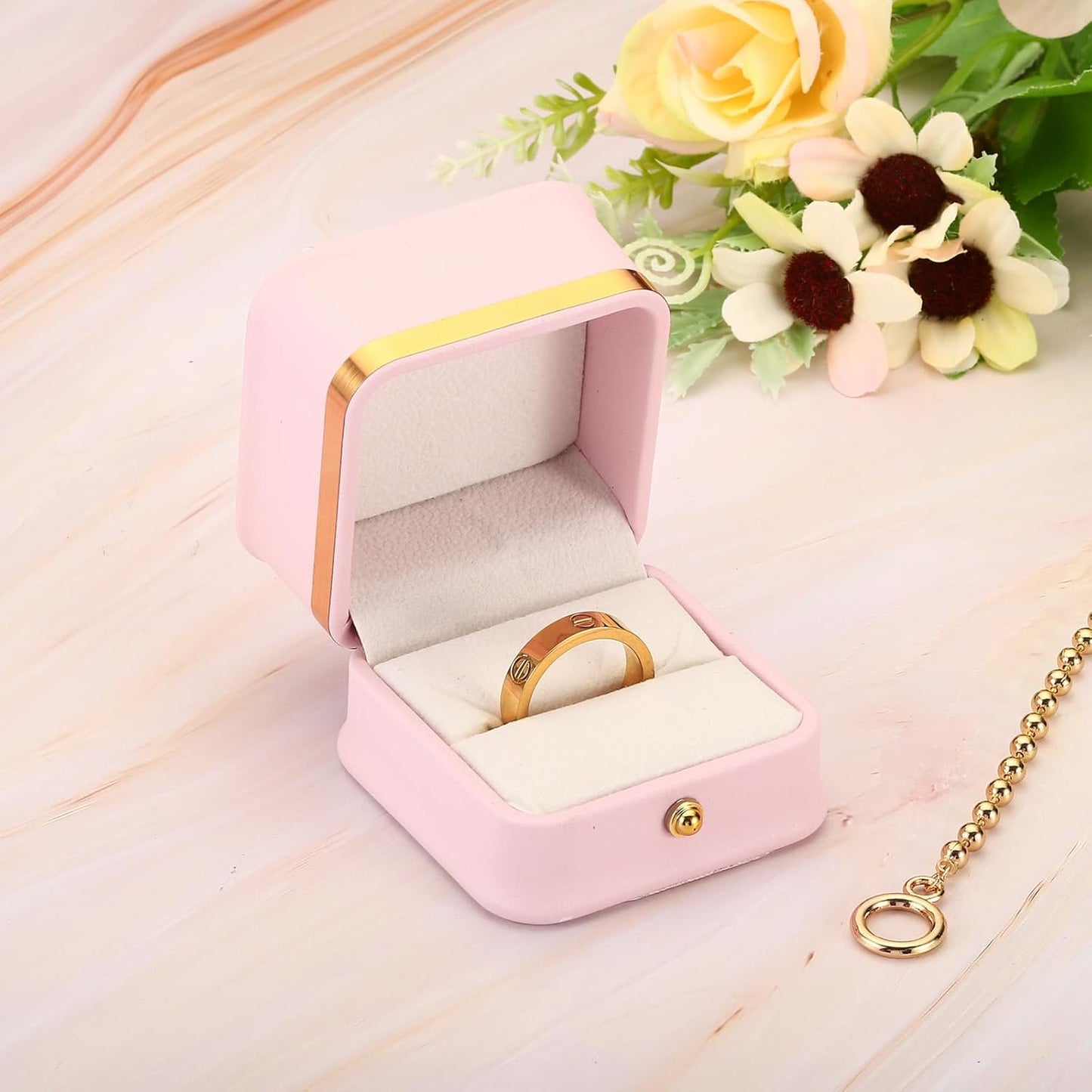 Velvet Ring Box, Single Slot Wedding Box Vintage Jewelry Holder for Engagement Proposal Ceremony Anniversary Style 2, Pink -