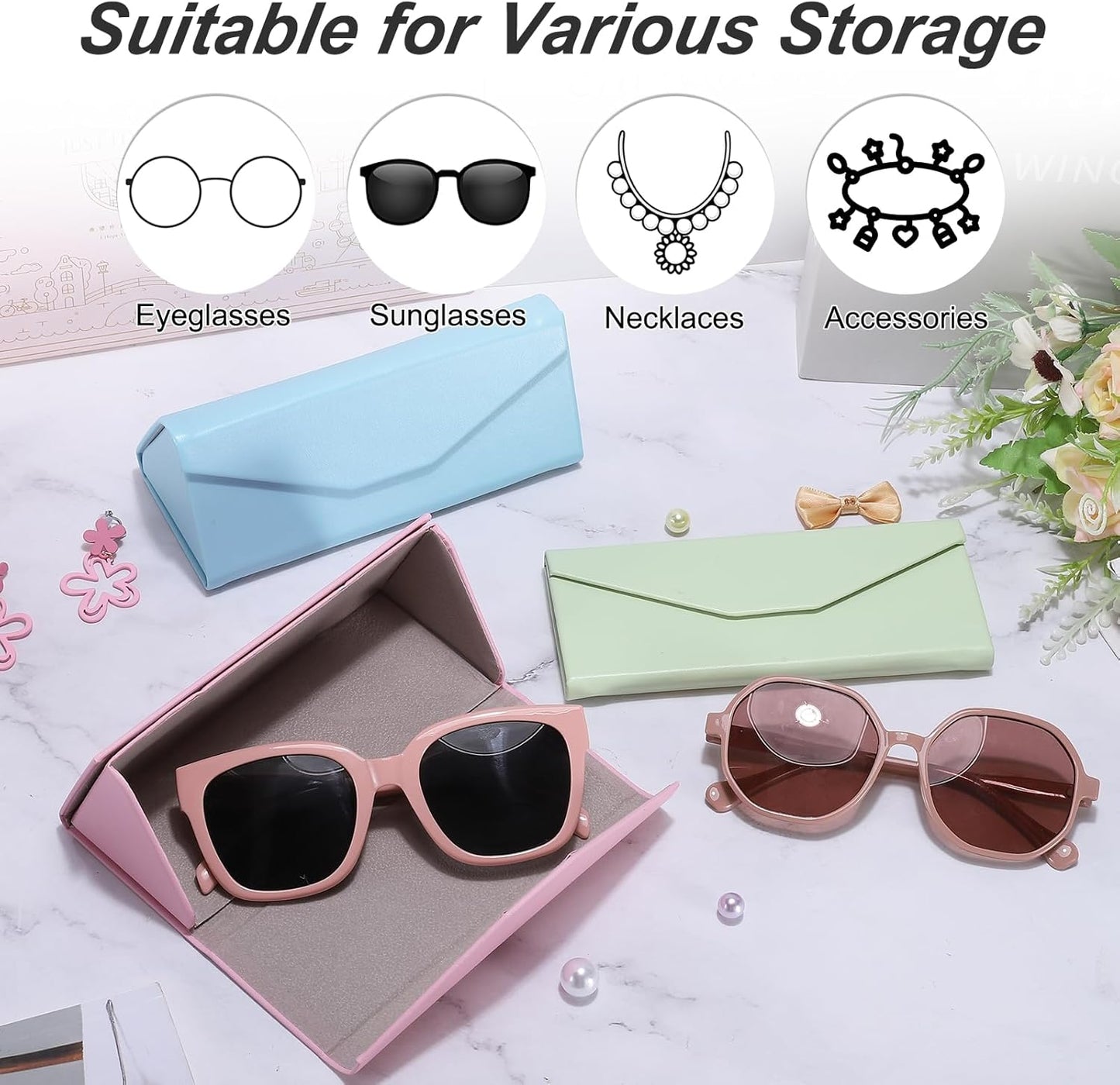 Foldable Glasses Case, Triangle Magnetic PU Leather Hard Eyeglass Cases for Women Man Airy Pastels -