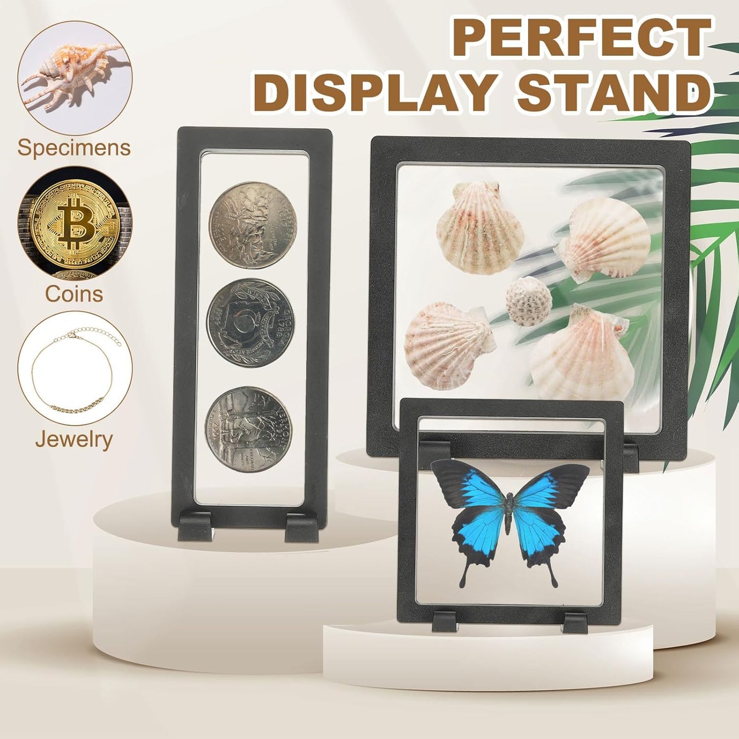 2Pcs Floating Display Case, 5.5 Inch Jewelry Case Stand Challenge Coin Holder Frames Transparent Large Storage Box 3D for Necklace Bracelets Pendants, Black 5.5x5.5