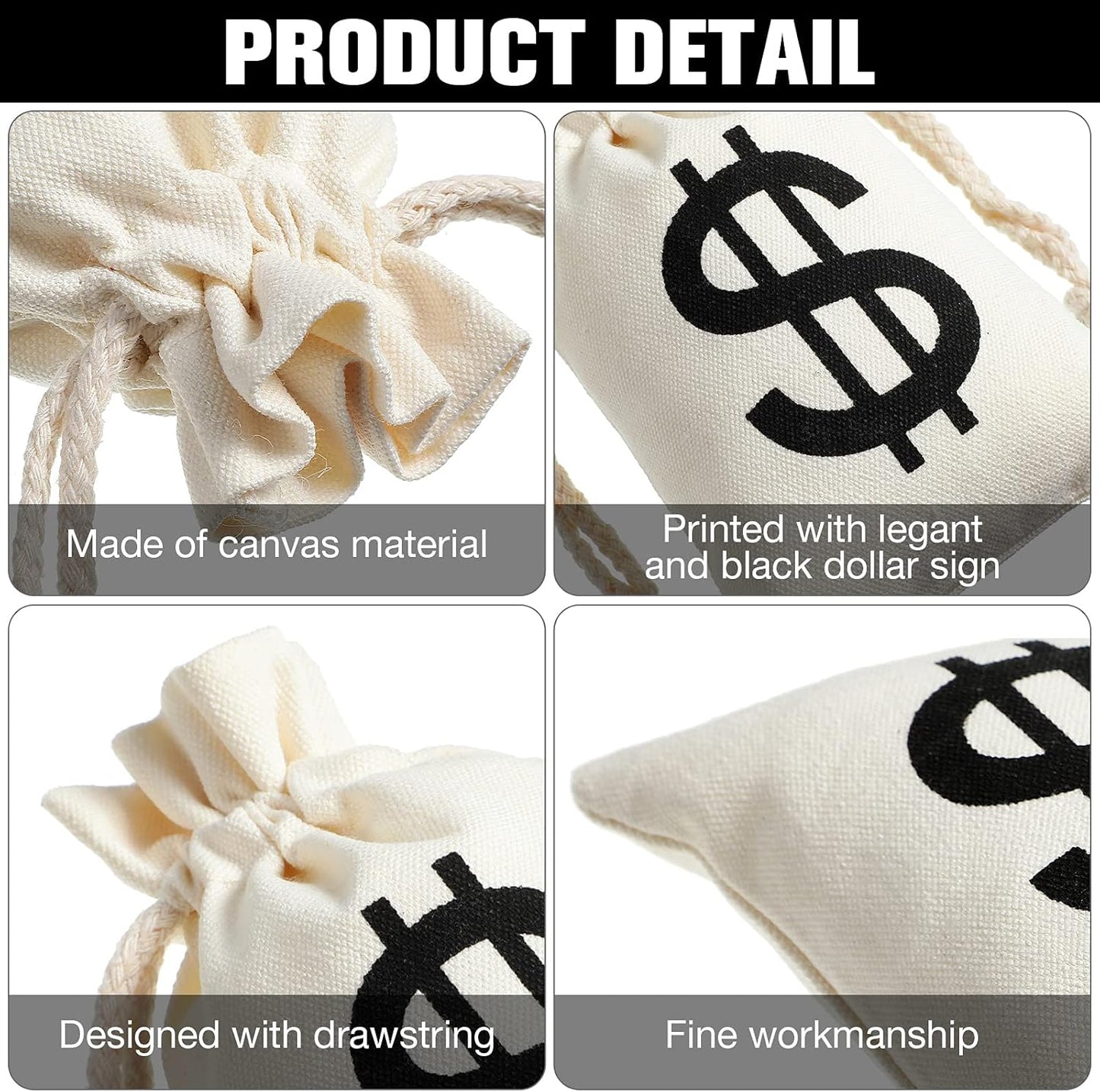 48 Pcs Canvas Money Bags Bulk with Drawstring Dollar Sign Sacks Pouch 4.3 x 7.1 Inch Cash Coin Props for Halloween Bank Robber Pirate Cosplay Party Favors -