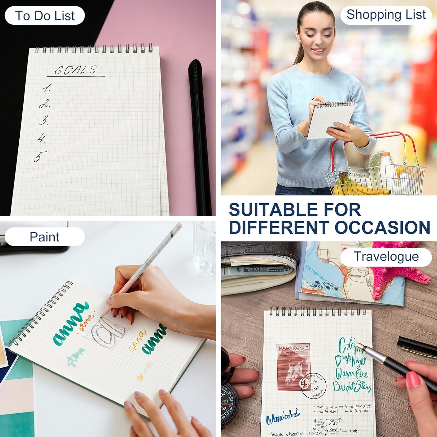 2 Pack Graph Paper Spiral Notepad A5 Top Wirebound Grid Notebook Steno Pads Memo 140 Pages for Writing Sketching Drawing Office Supplies (Black) Black -