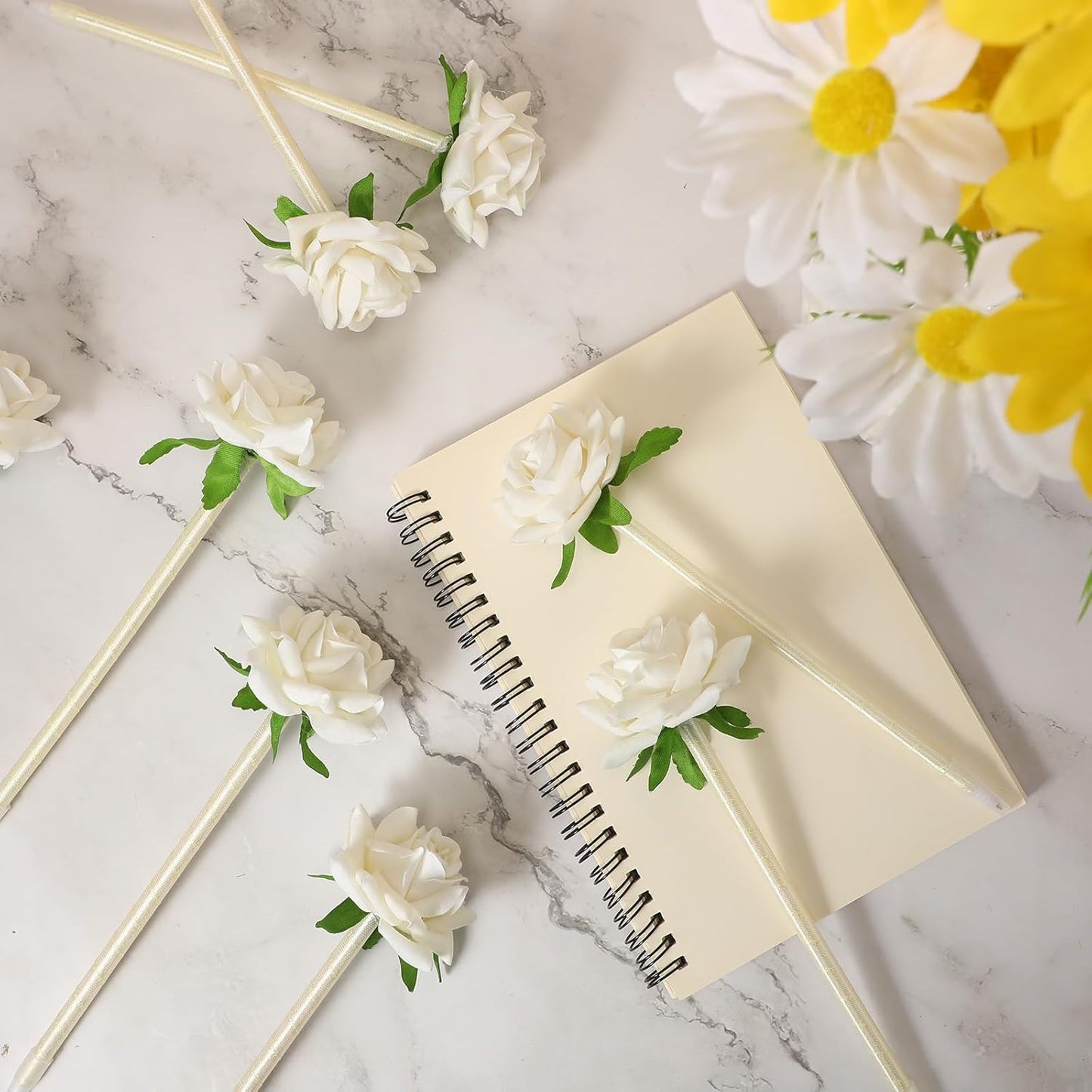 28 Pcs Valentine's Day Flower Rose Pens Valentine Gifts Artificial Floral 0.5mm Black Ink Gel Pen for Valentines Wedding Mother's Home Office Supplies(White) White -