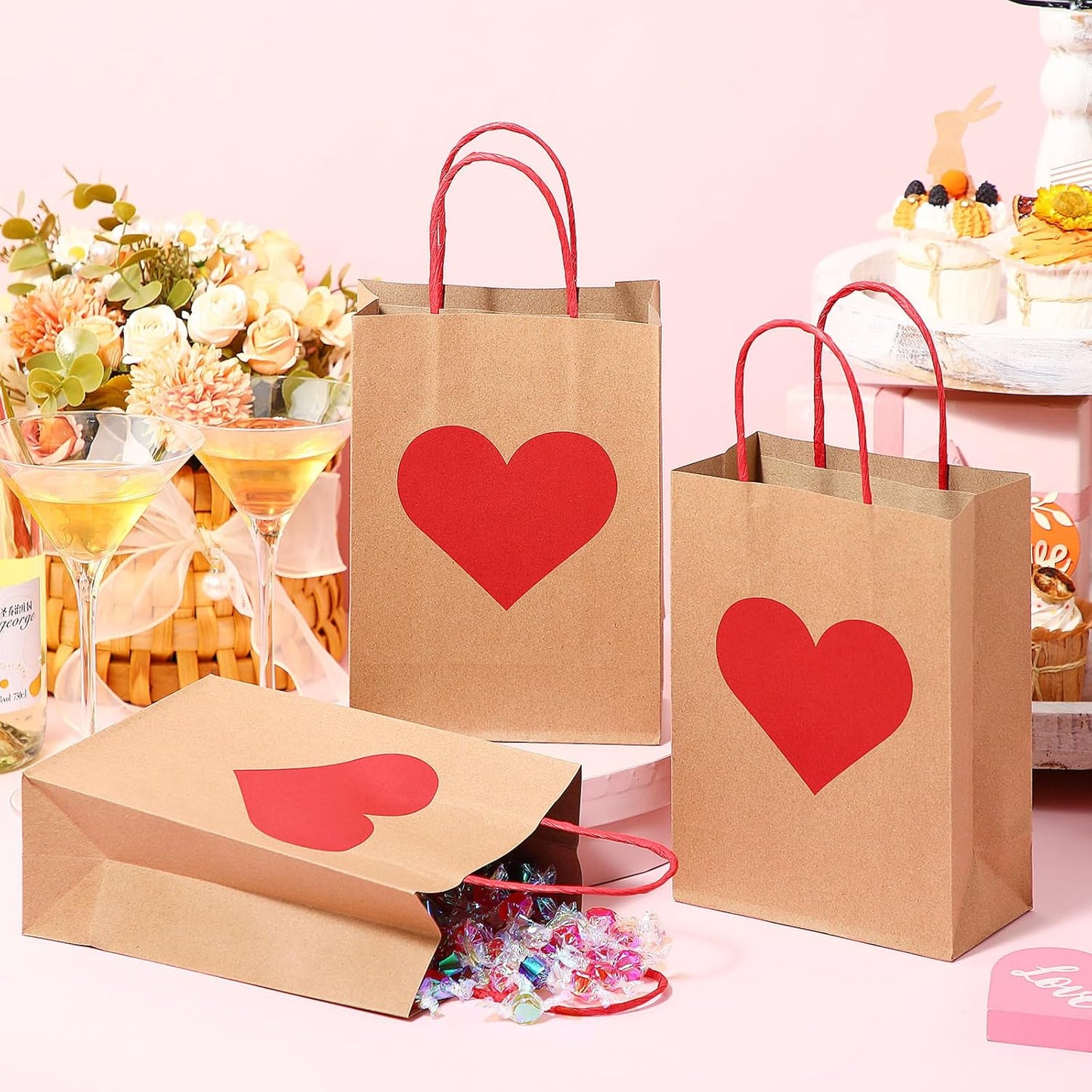150 Pcs Valentines Day Gift Bags Candy Goodie with Handles Heart Love Paper Wrapping Kraft for Galentines Gifts Packing Party Favors -